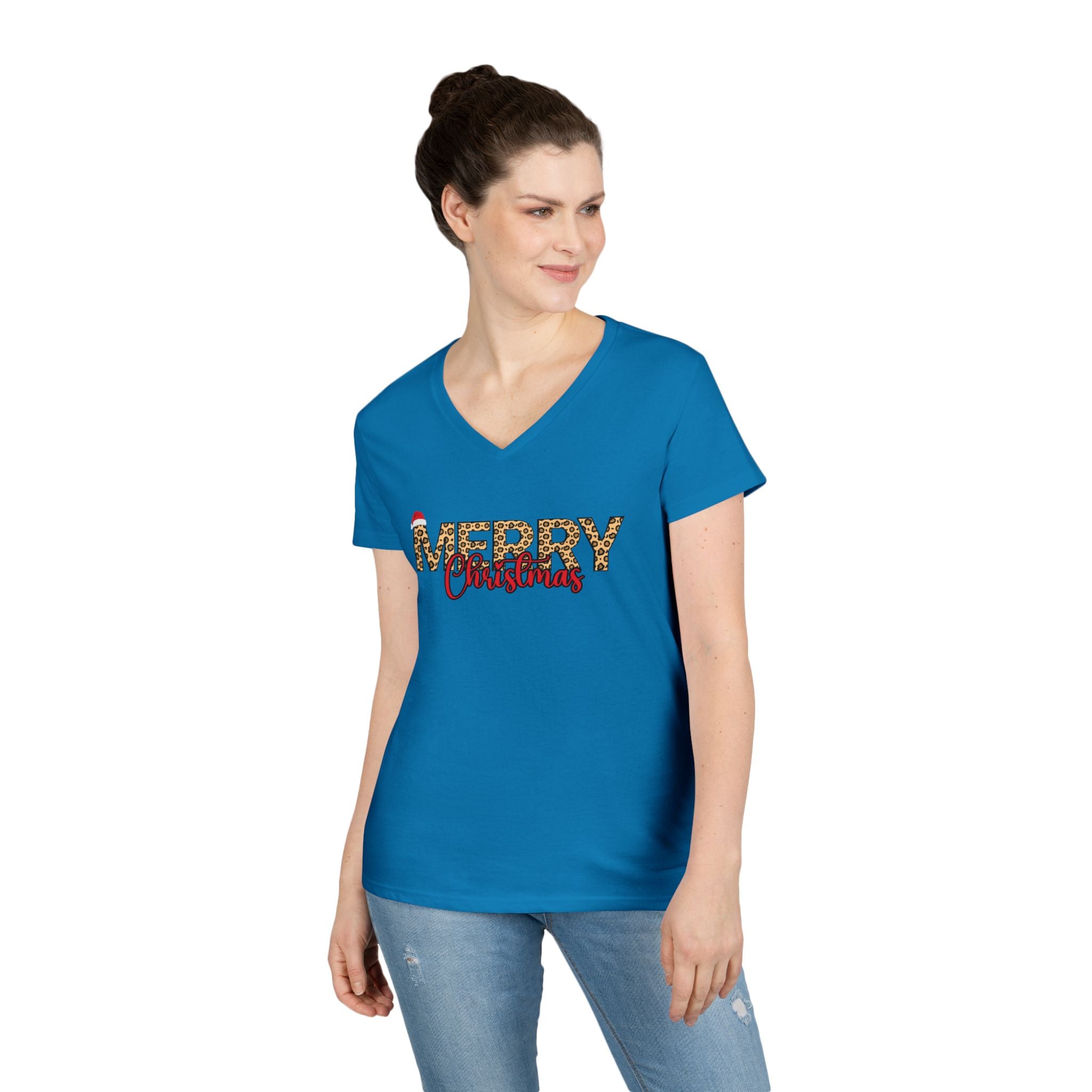 Merry Christmas Leopard Print V-Neck Tee