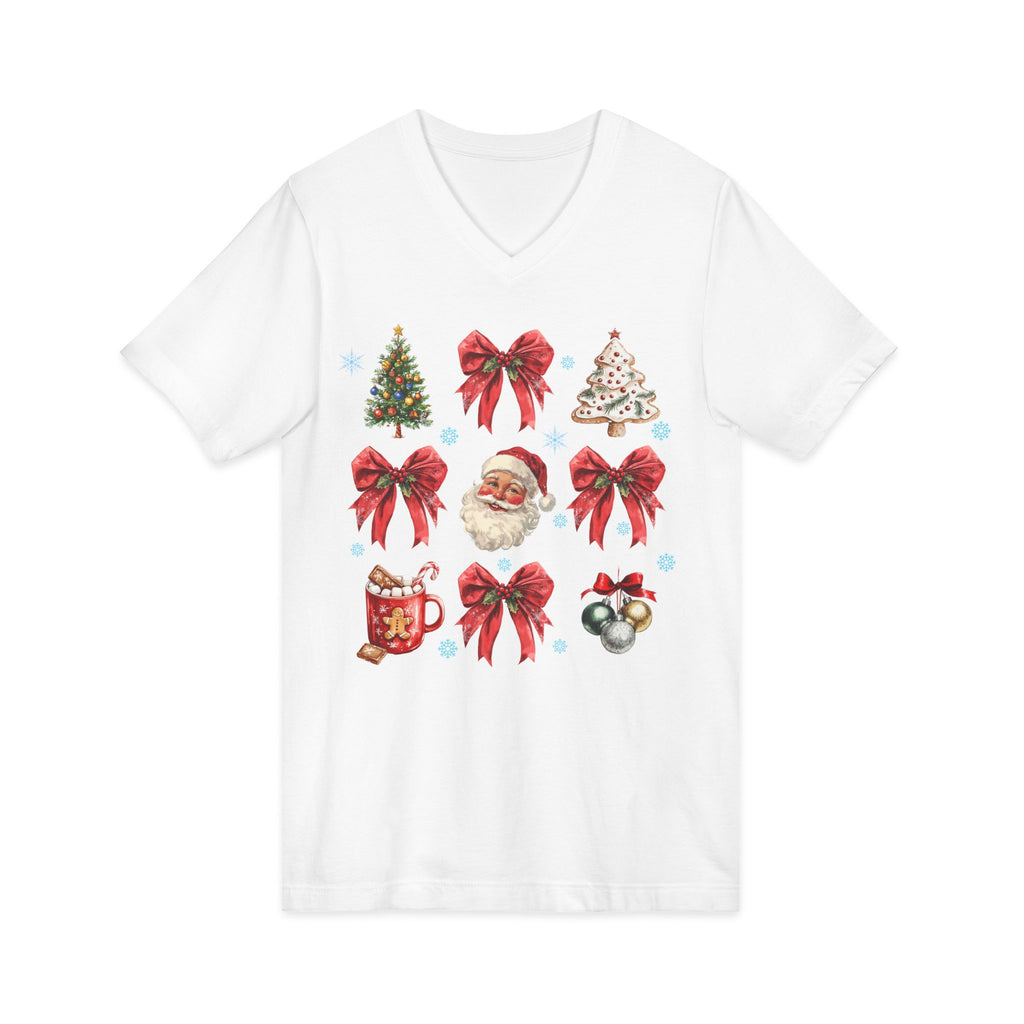 Christmas Icons V-Neck Tee — Santa, Trees & Holiday Bows