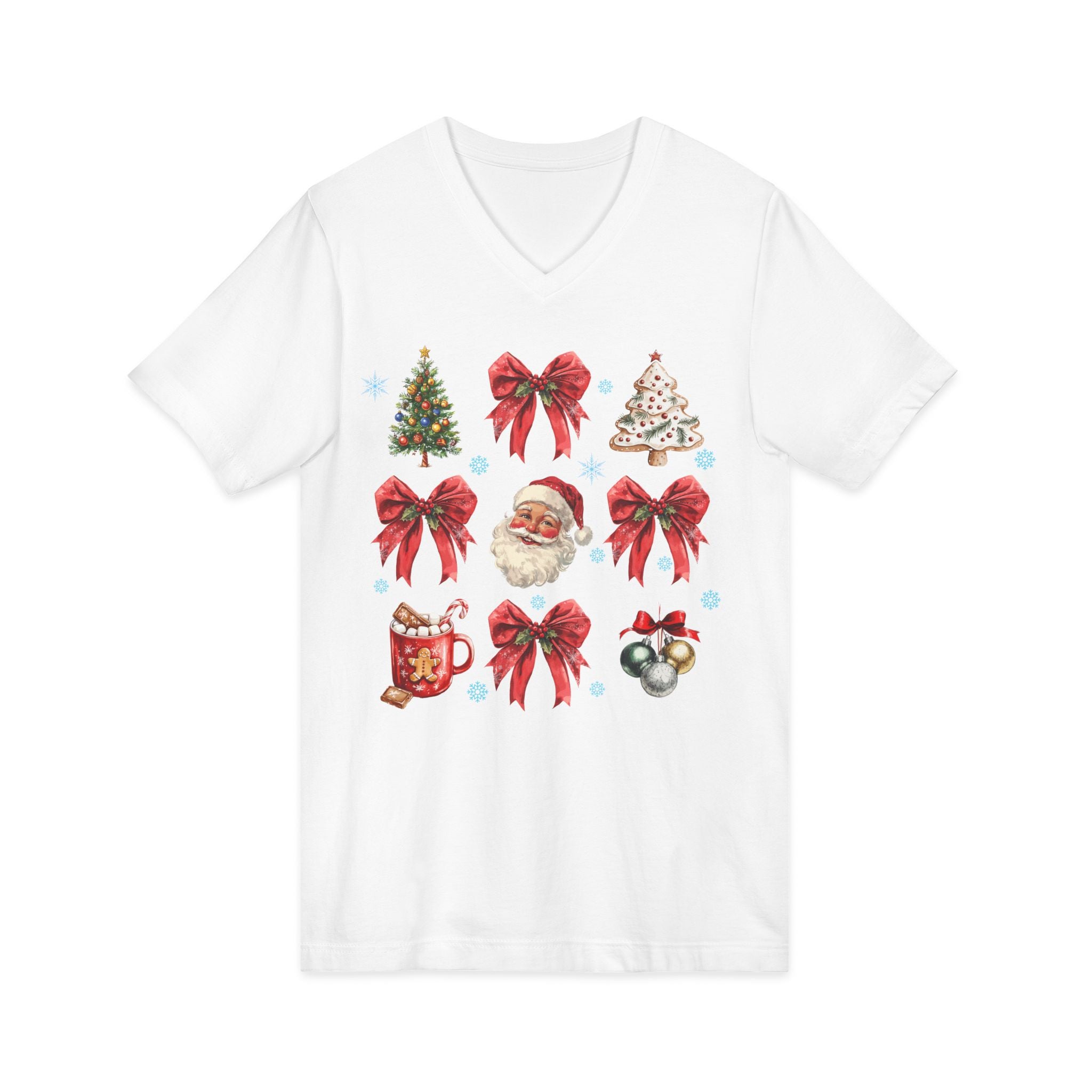 Christmas Icons V-Neck Tee — Santa, Trees & Holiday Bows