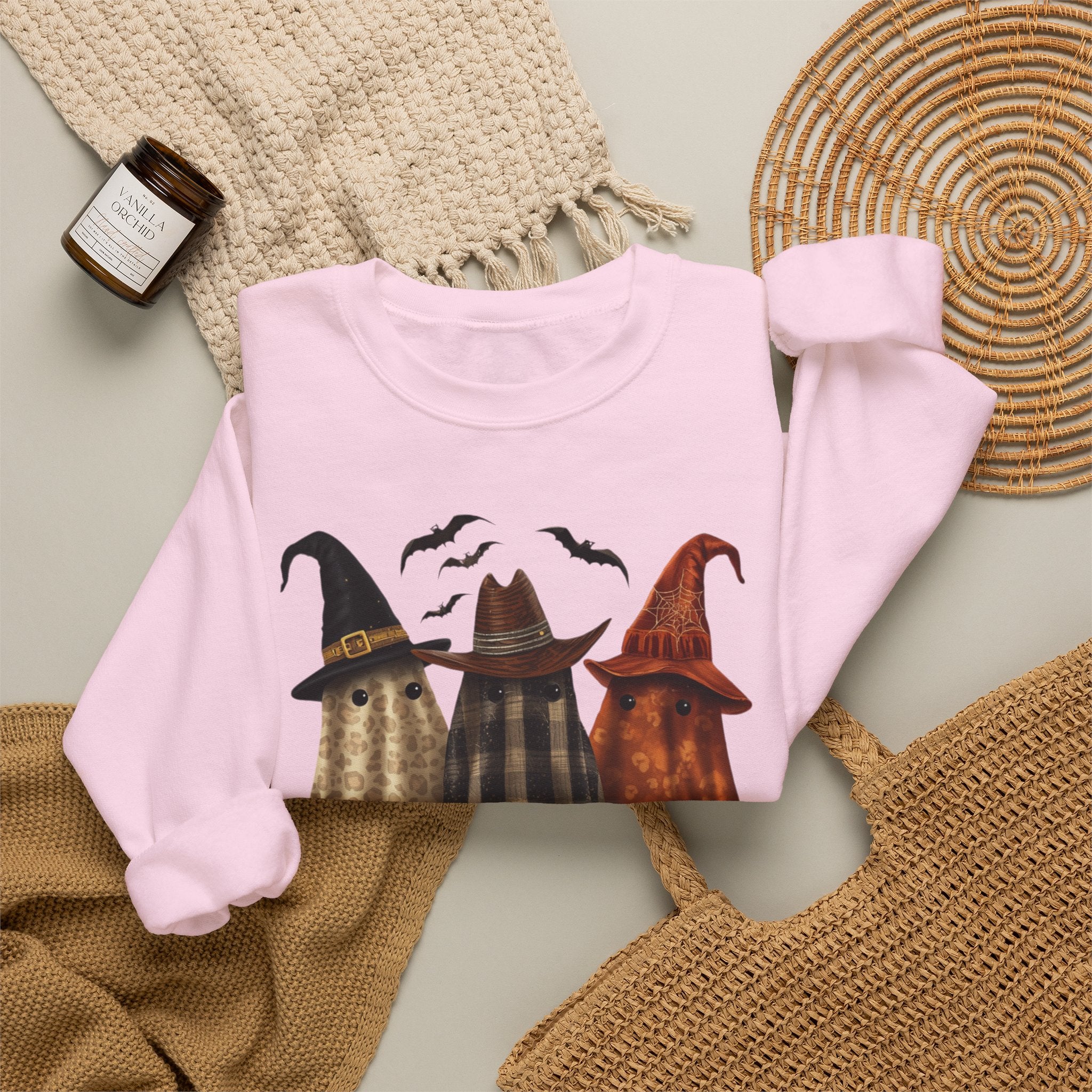 Halloween Witch Ghosts Crewneck Sweatshirt — Cozy Pumpkin & Bats Fall Graphic