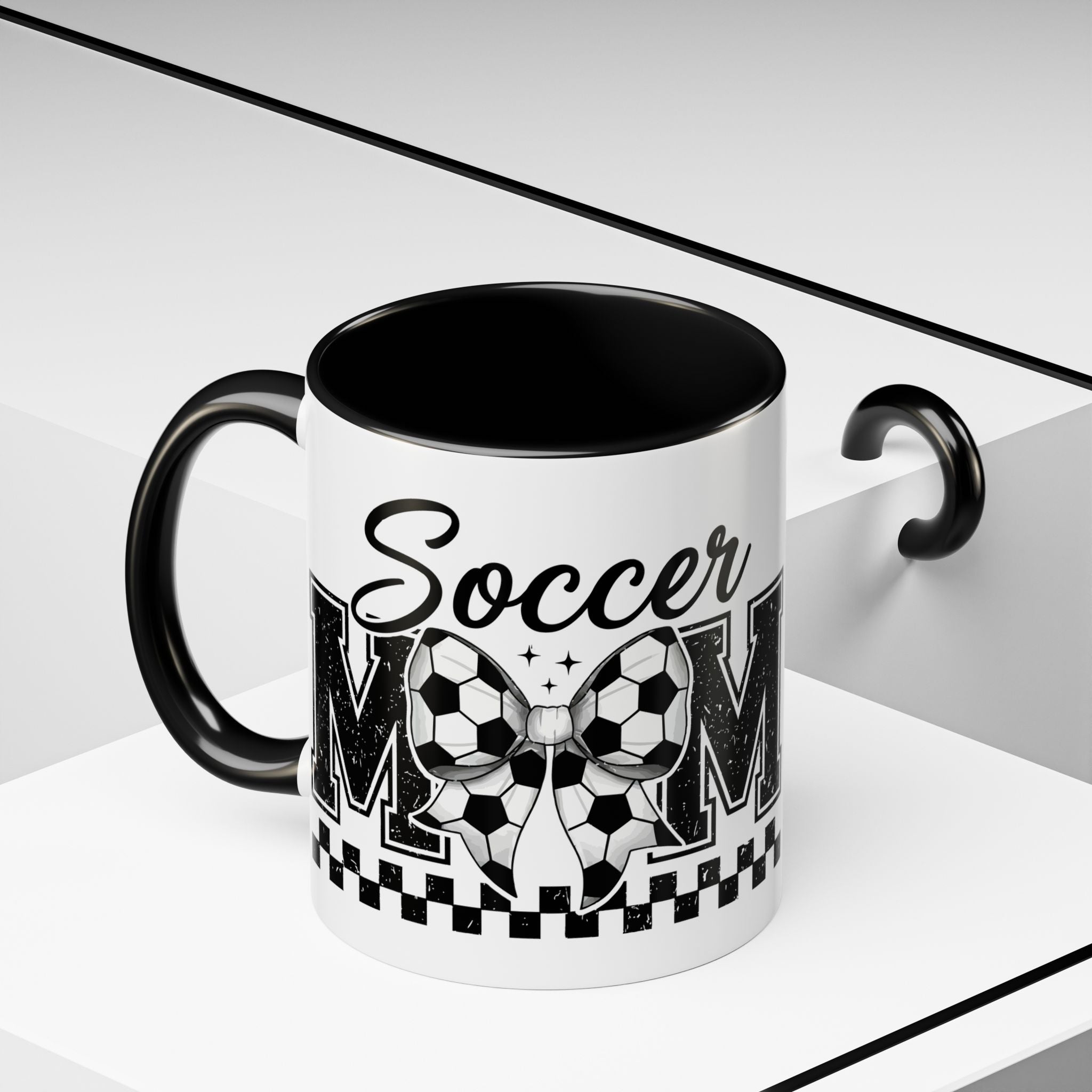 Soccer Mom Accent Coffee Mug — Black Interior & Handle, Soccer Ball Graphic