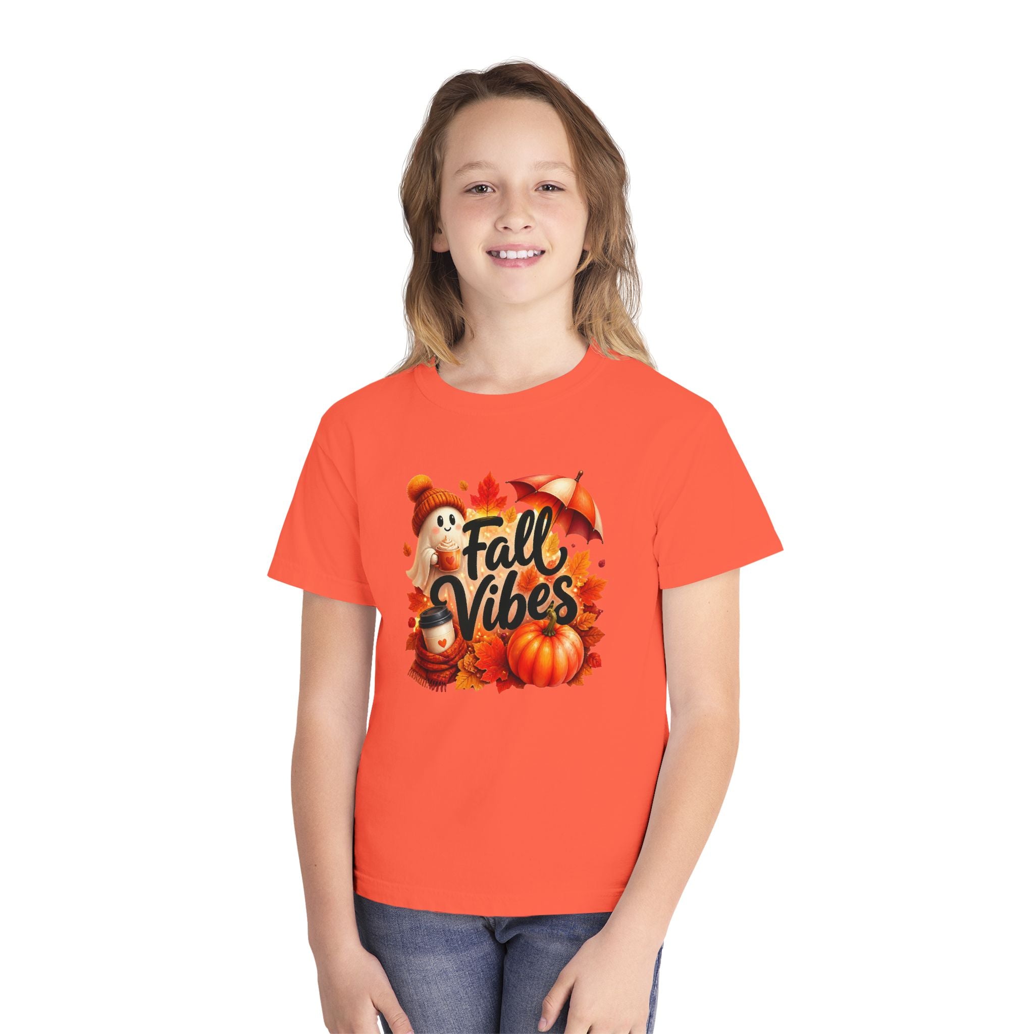 Fall Vibes Youth Tee — Cute Pumpkin, Leaves & Scarecrow Autumn Shirt