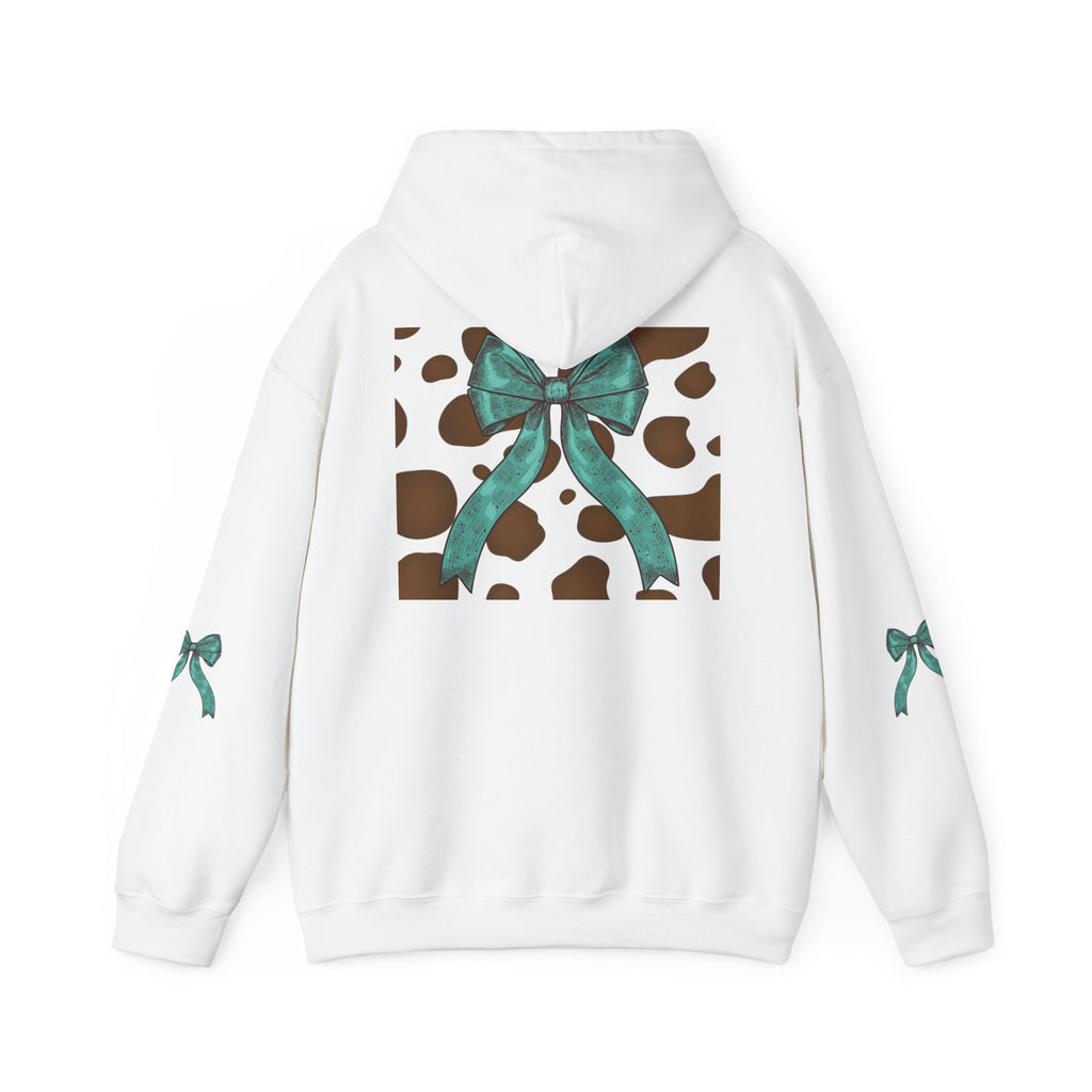 Mama Leopard Letters teal bow Hoodie | Cow print back panel, sleeve bows
