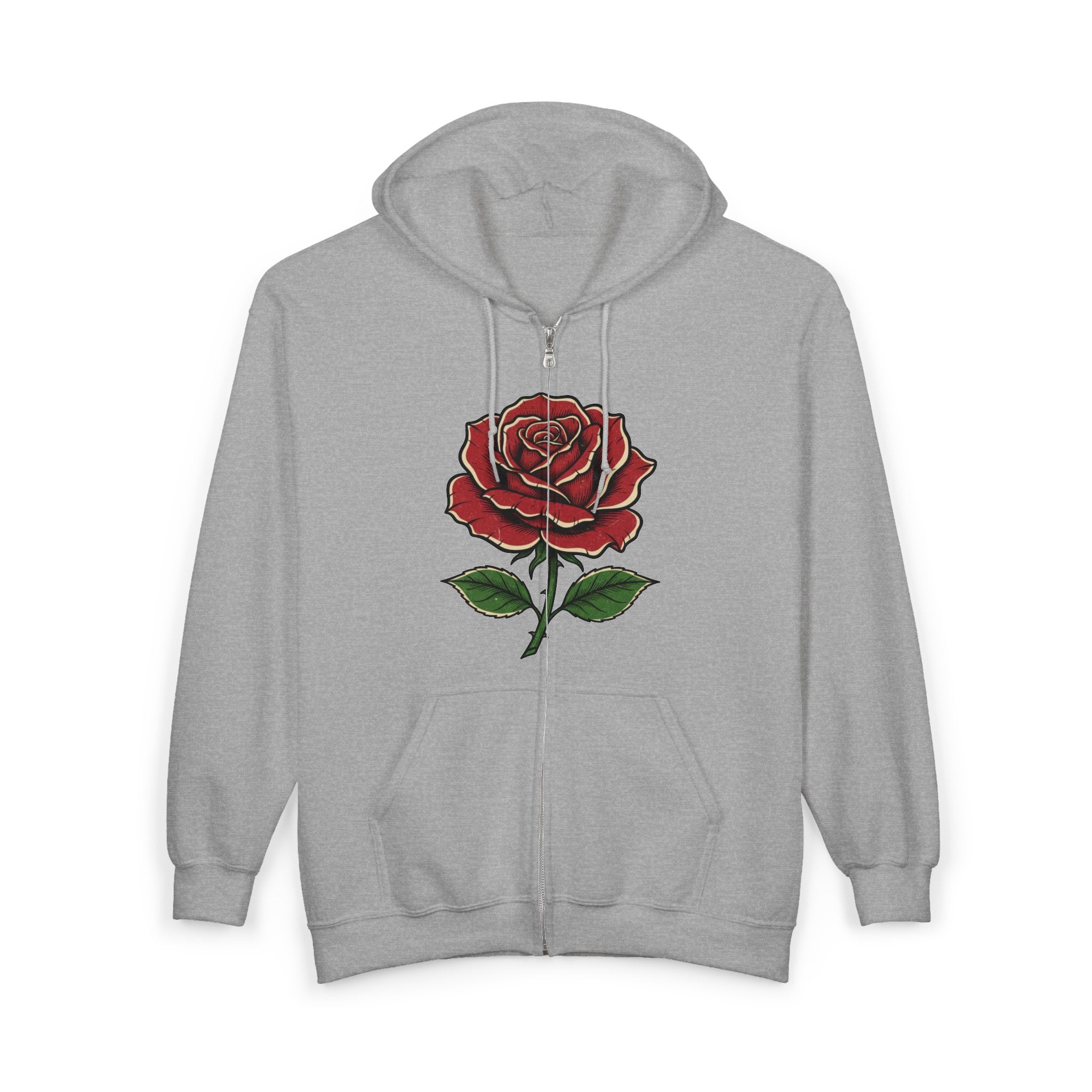 Red Rose Zip Hoodie — Vintage Floral Full-Zip Sweatshirt