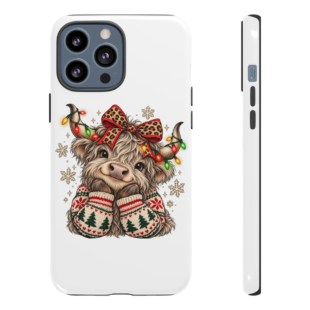 Holiday Highland Cow Phone Case – Festive Lights & Cozy Sweater Design