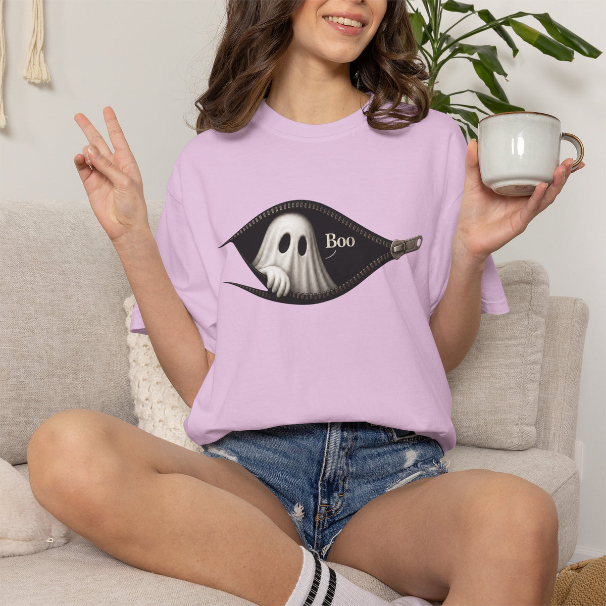Ghost Peek T-Shirt — "Boo" Zipper Graphic Halloween Tee