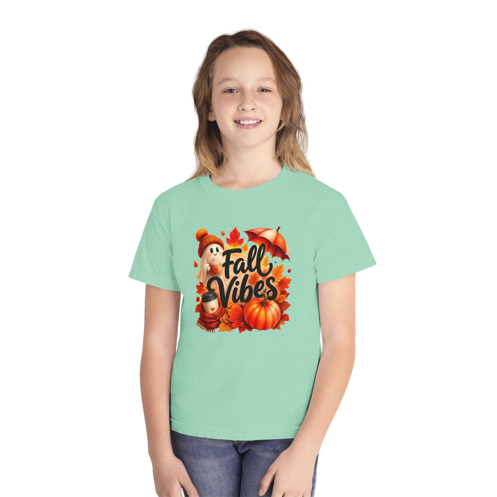 Fall Vibes Youth Tee — Cute Pumpkin, Leaves & Scarecrow Autumn Shirt