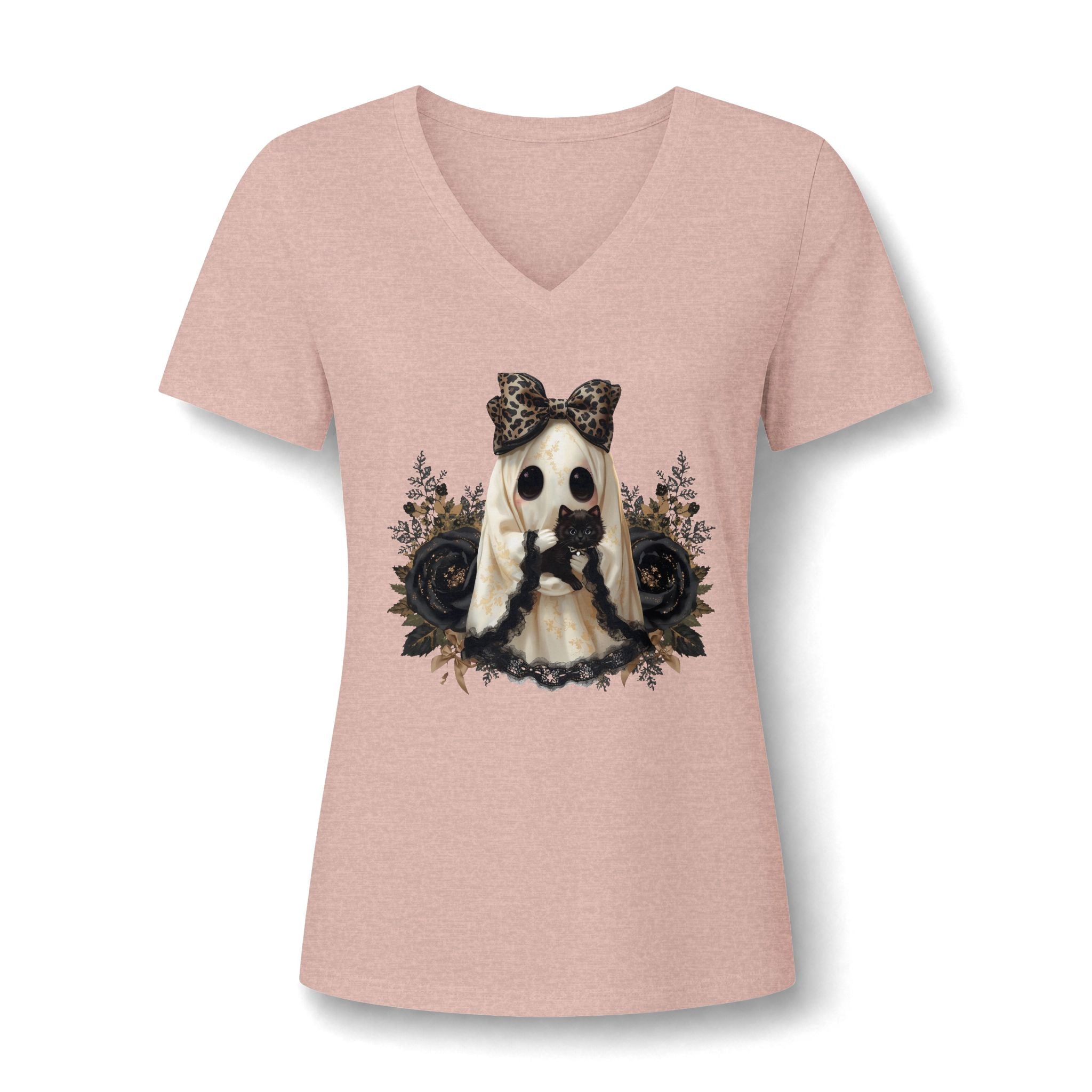 Women's V-Neck Tee — Gothic Doll with Leopard Bow Graphic