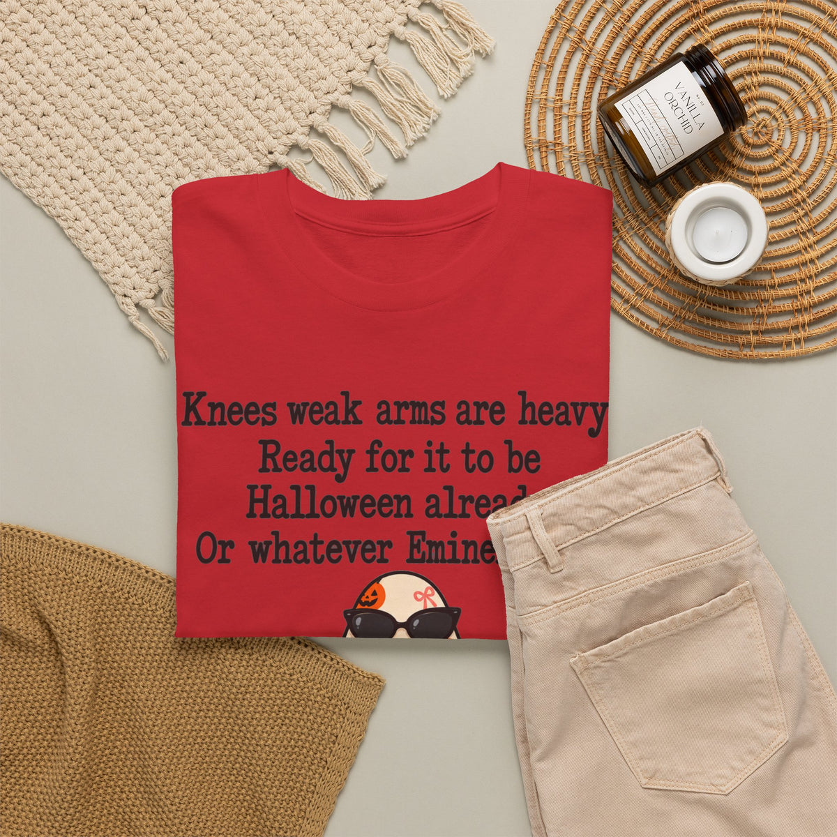 Funny Halloween Ghost T-Shirt — "Knees weak arms are heavy. Ready for it to be Halloween already. Or whatever Slim said."