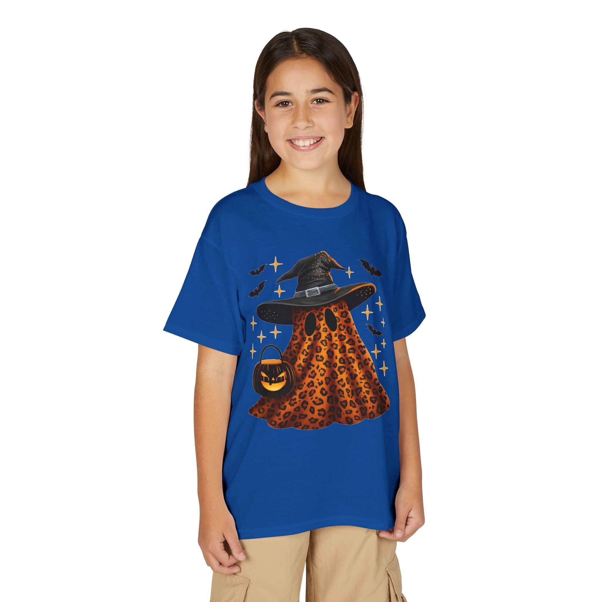 Youth T-Shirt — Leopard Witch Ghost Halloween Tee (Pumpkin Candy Bag, Bats)