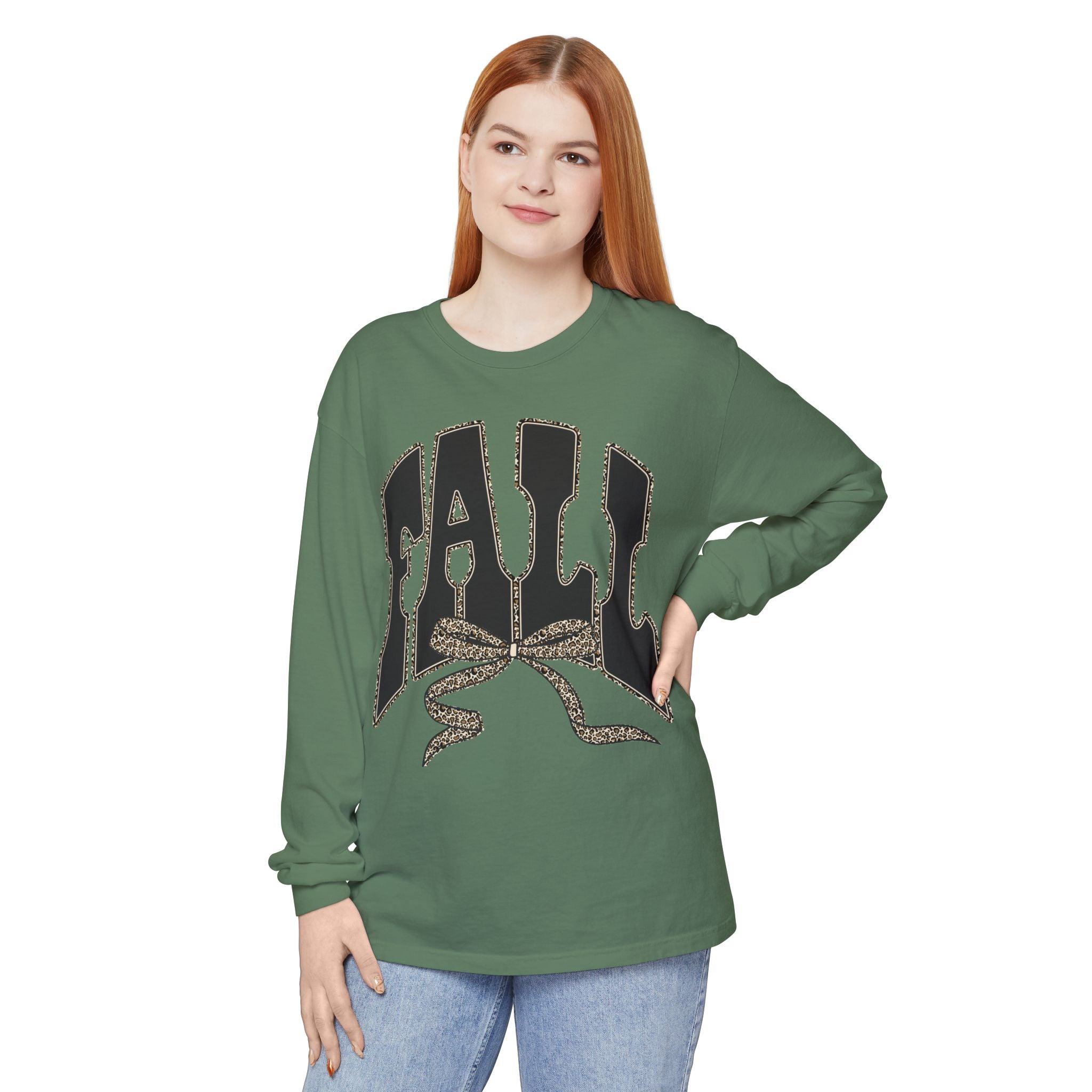 Fall Bow Long Sleeve Tee — 'FALL' Graphic Garment-Dyed Shirt