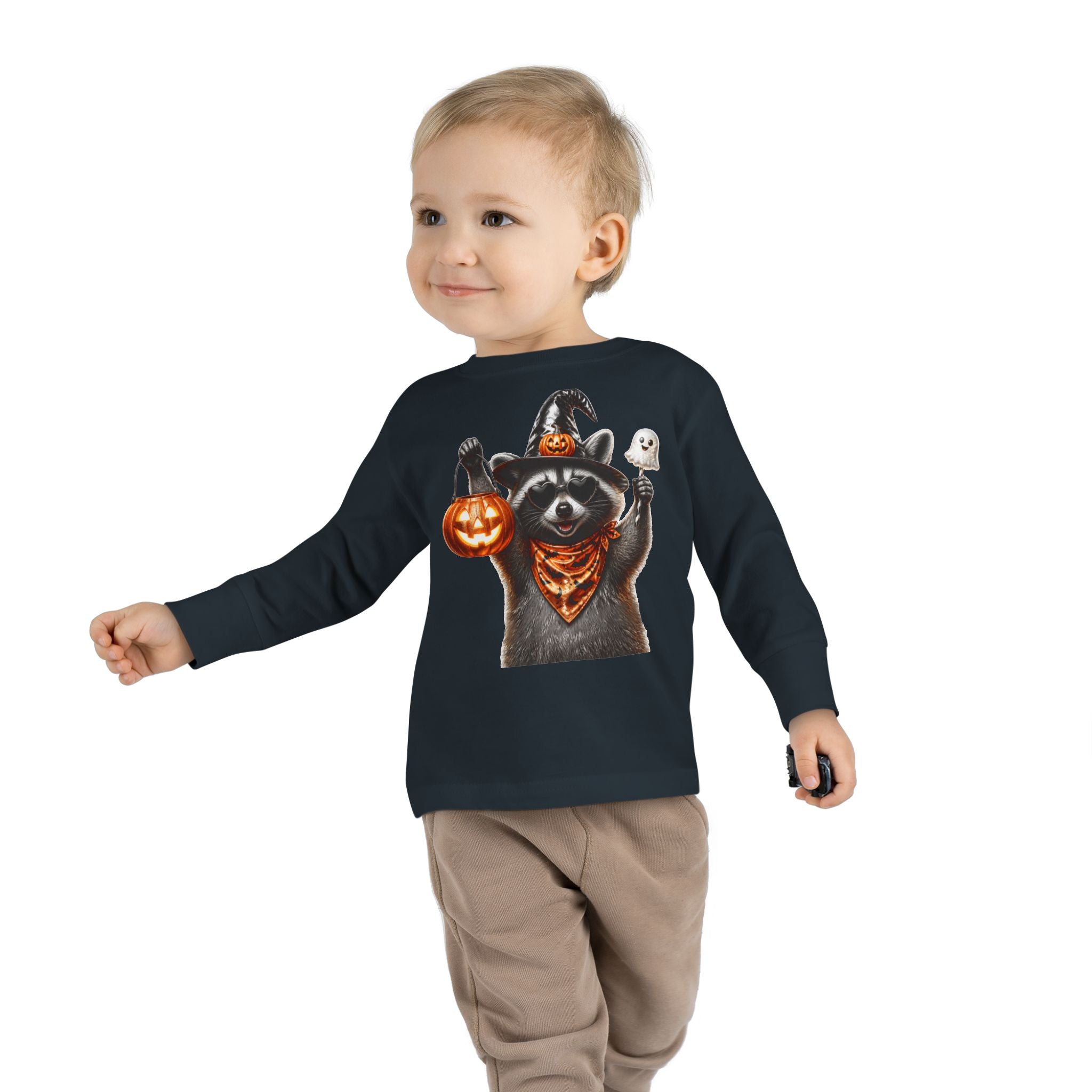 Toddler Long Sleeve Tee - Halloween Raccoon Trick-or-Treat Shirt with Witch Hat & Jack-O'-Lantern