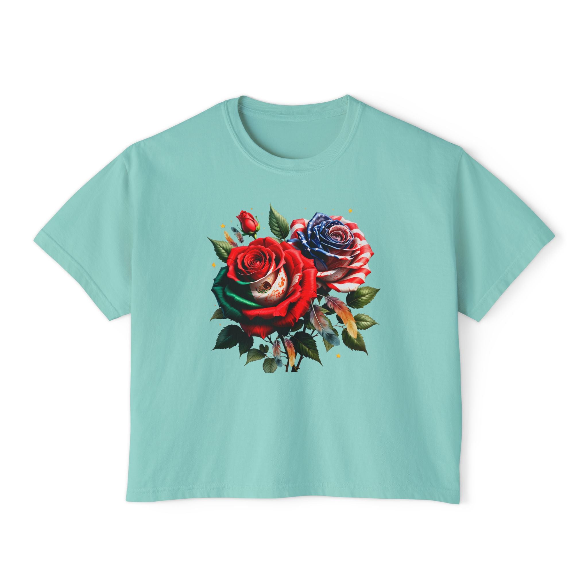 Women’s Boxy Tee — Vintage Red & Blue Rose Floral Graphic