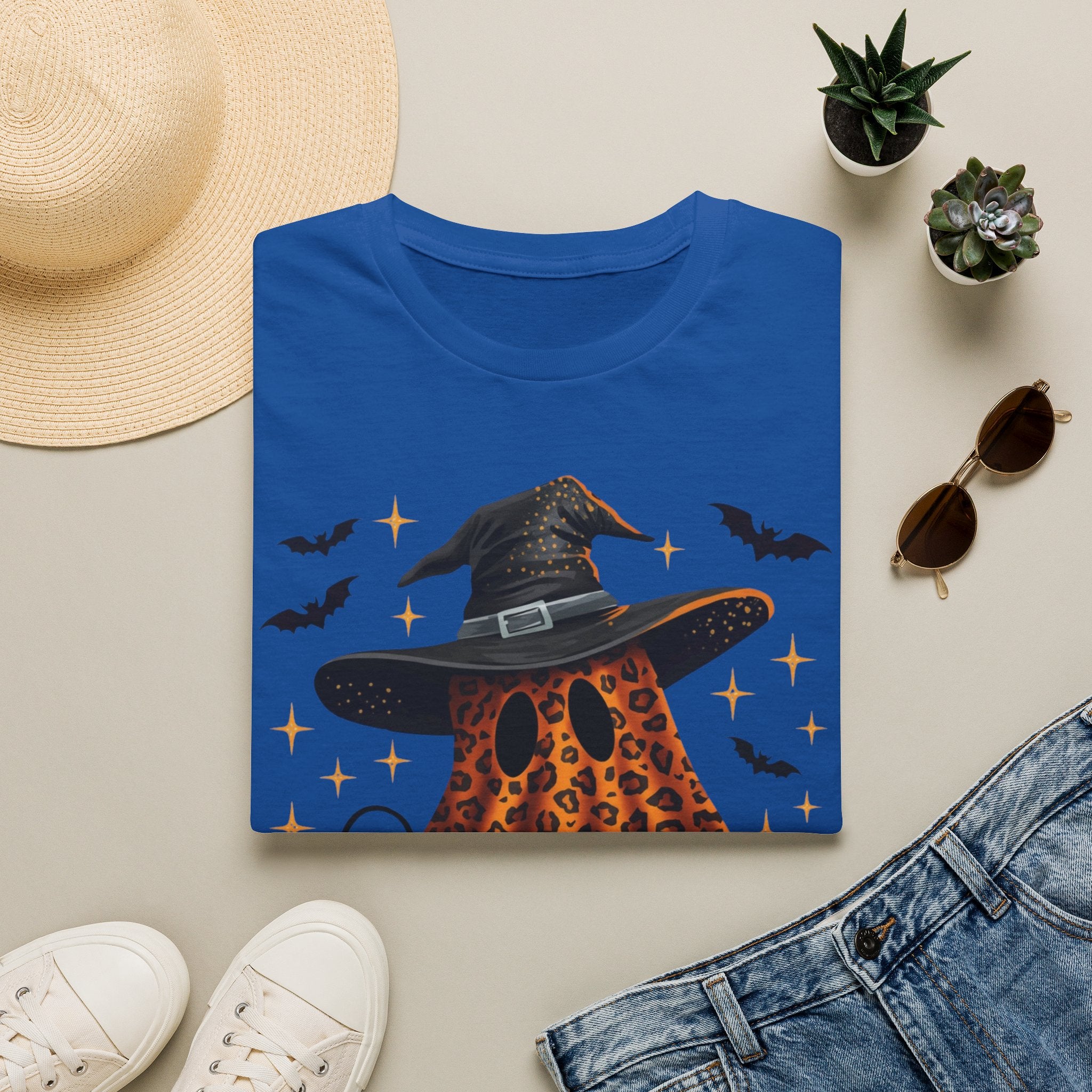 Halloween Leopard Ghost T-Shirt — Witch Hat & Bats Graphic