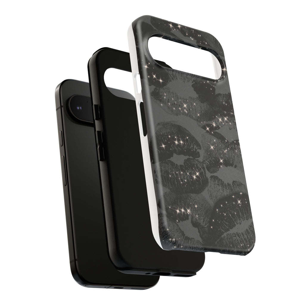 Black Glitter Kiss Phone Case — Sparkling Lip Print Protective Cover