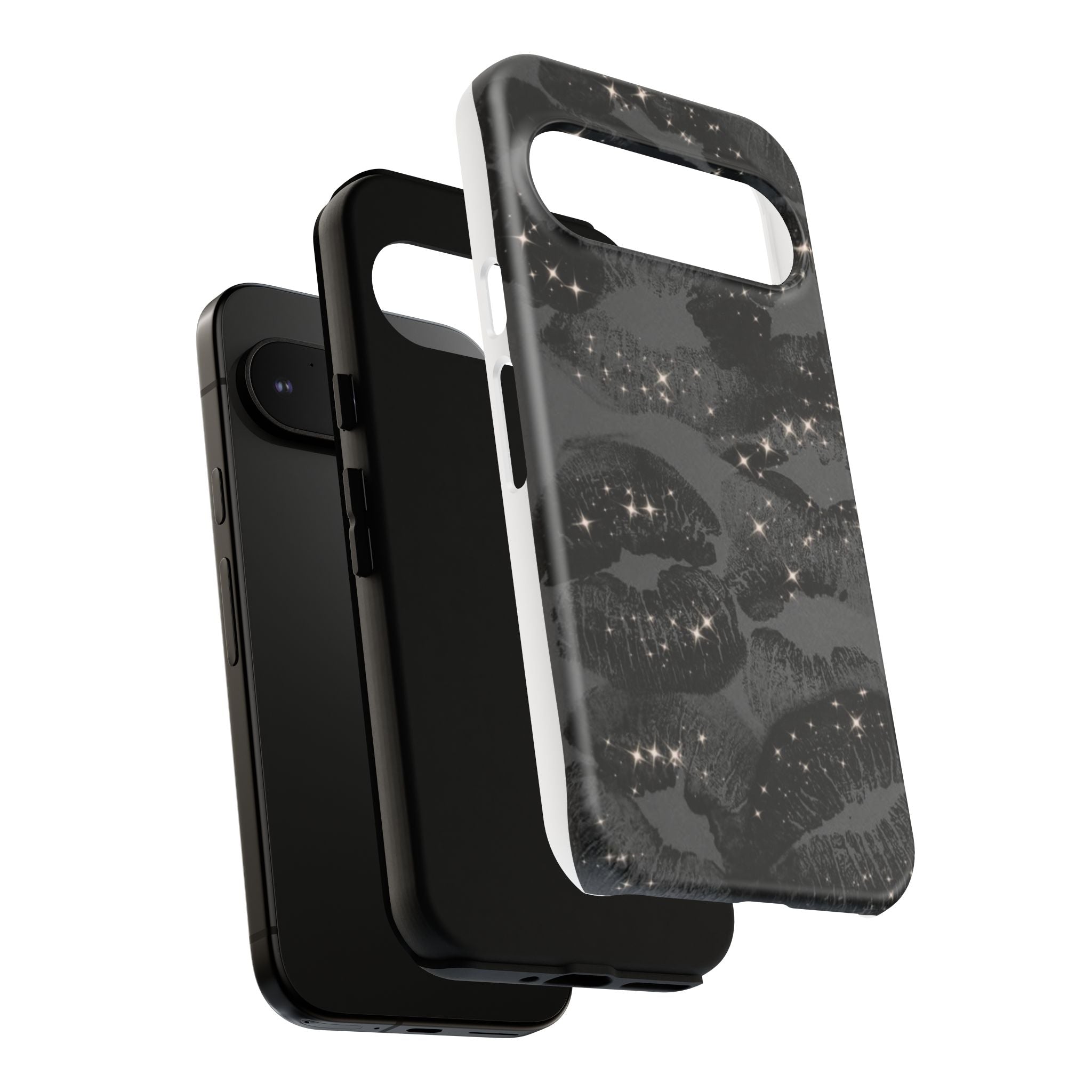 Black Glitter Kiss Phone Case — Sparkling Lip Print Protective Cover