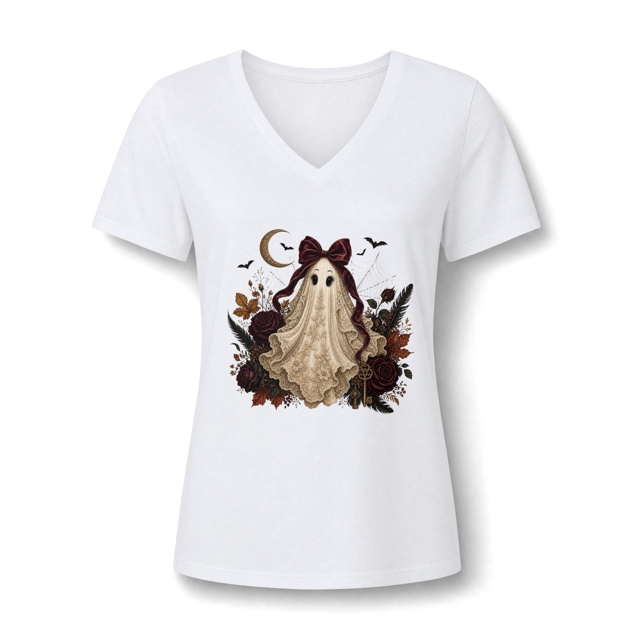 Ghost Girl V-Neck Tee — Cute Vintage Halloween Ghost Design