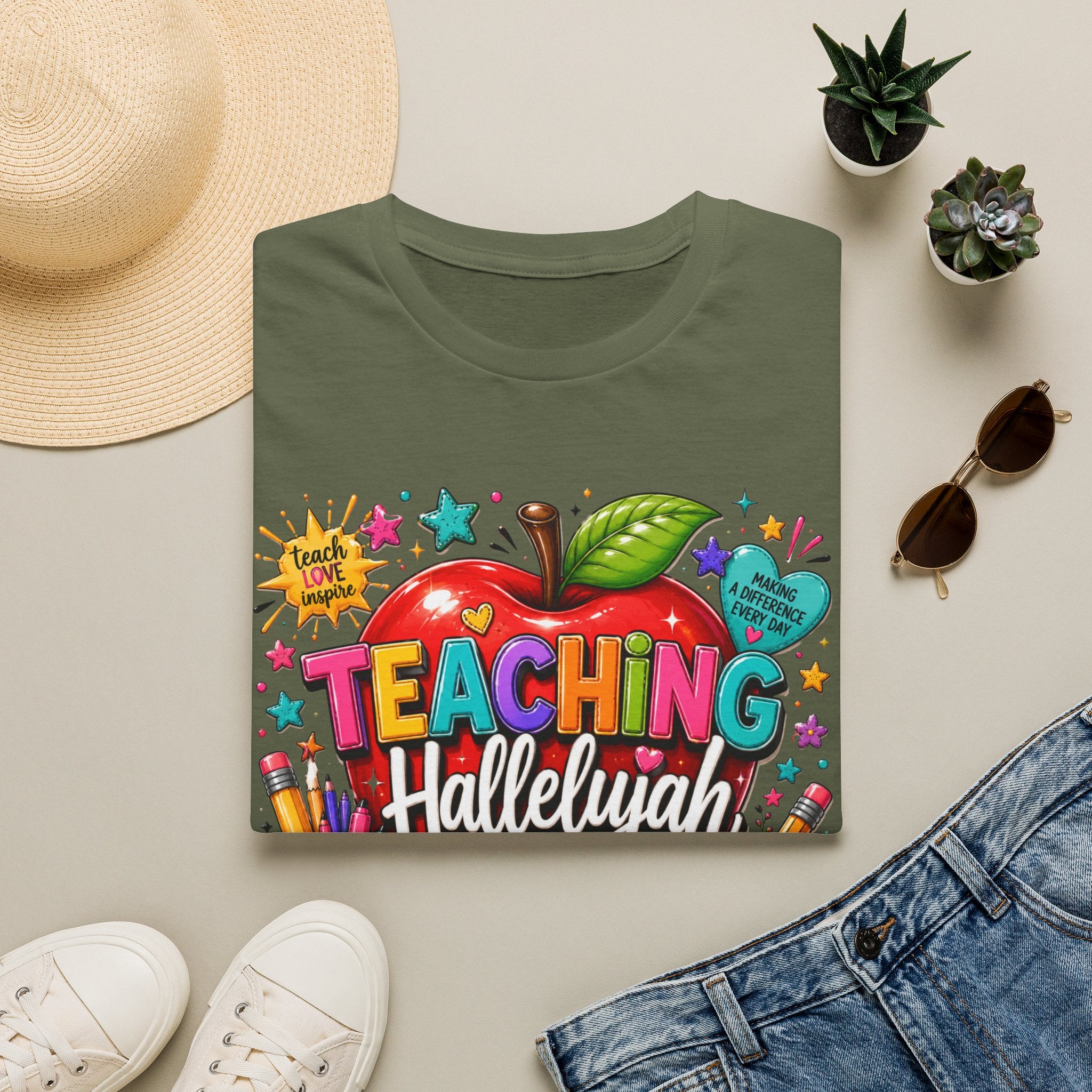 Teacher T-Shirt — "Teaching Hallelujah" Colorful Apple Classroom Tee