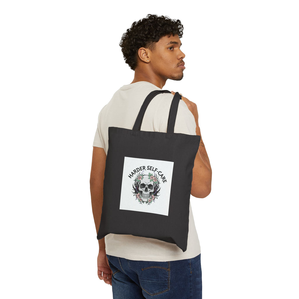 Harder Self-Care Skull Tote | Heavy Metal Wellness, gothic wellness quote