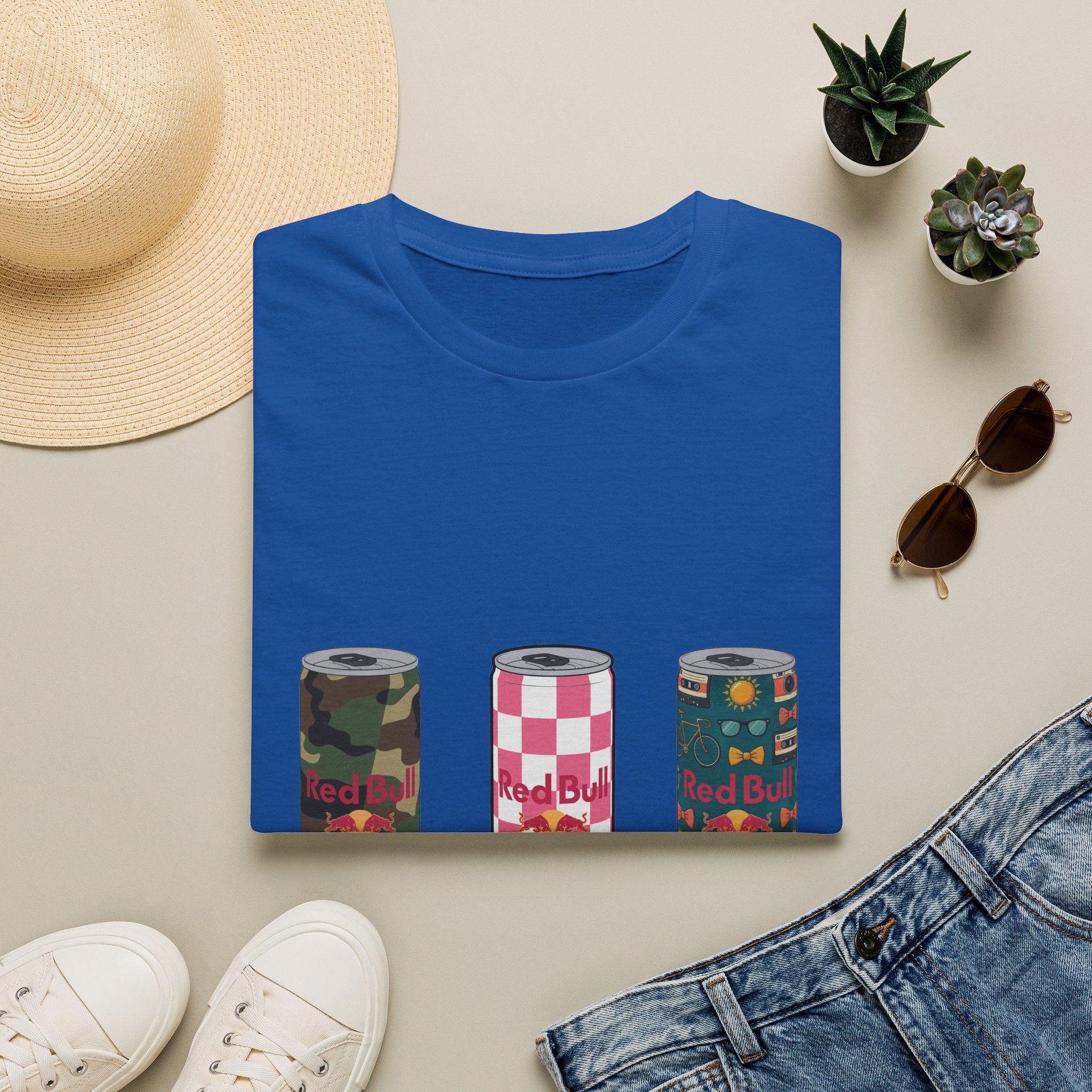 Energy Drink Can Trio T-Shirt — Camouflage, Checker & Floral Cans