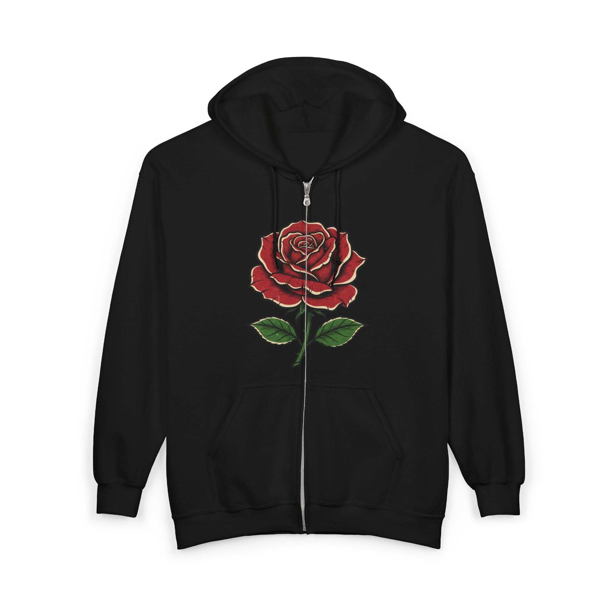 Red Rose Zip Hoodie — Vintage Floral Full-Zip Sweatshirt