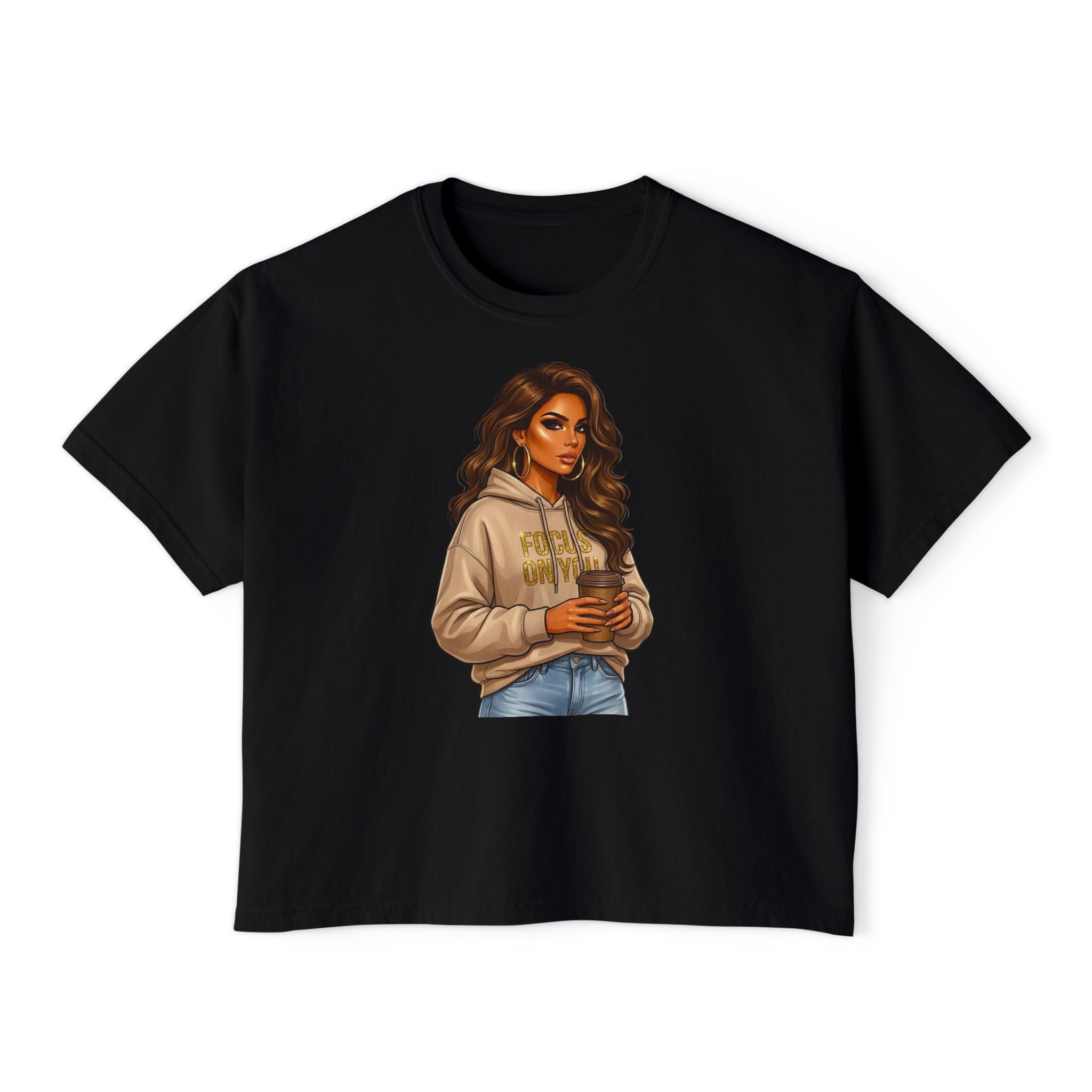 Women's Boxy Tee — Cozy Coffee Girl Graphic Crop T-Shirt