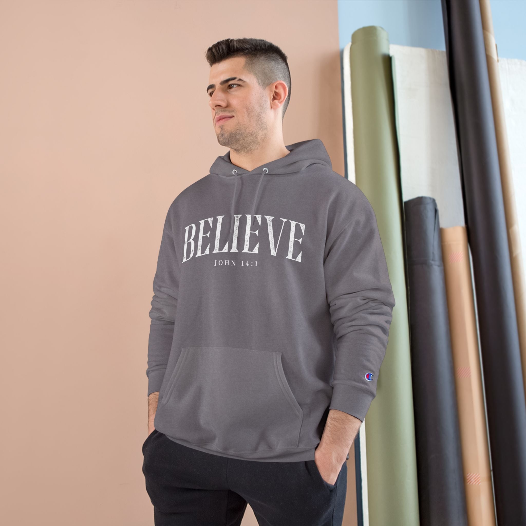 Believe Champion Hoodie — Inspirational Pullover with 'Believe' Script