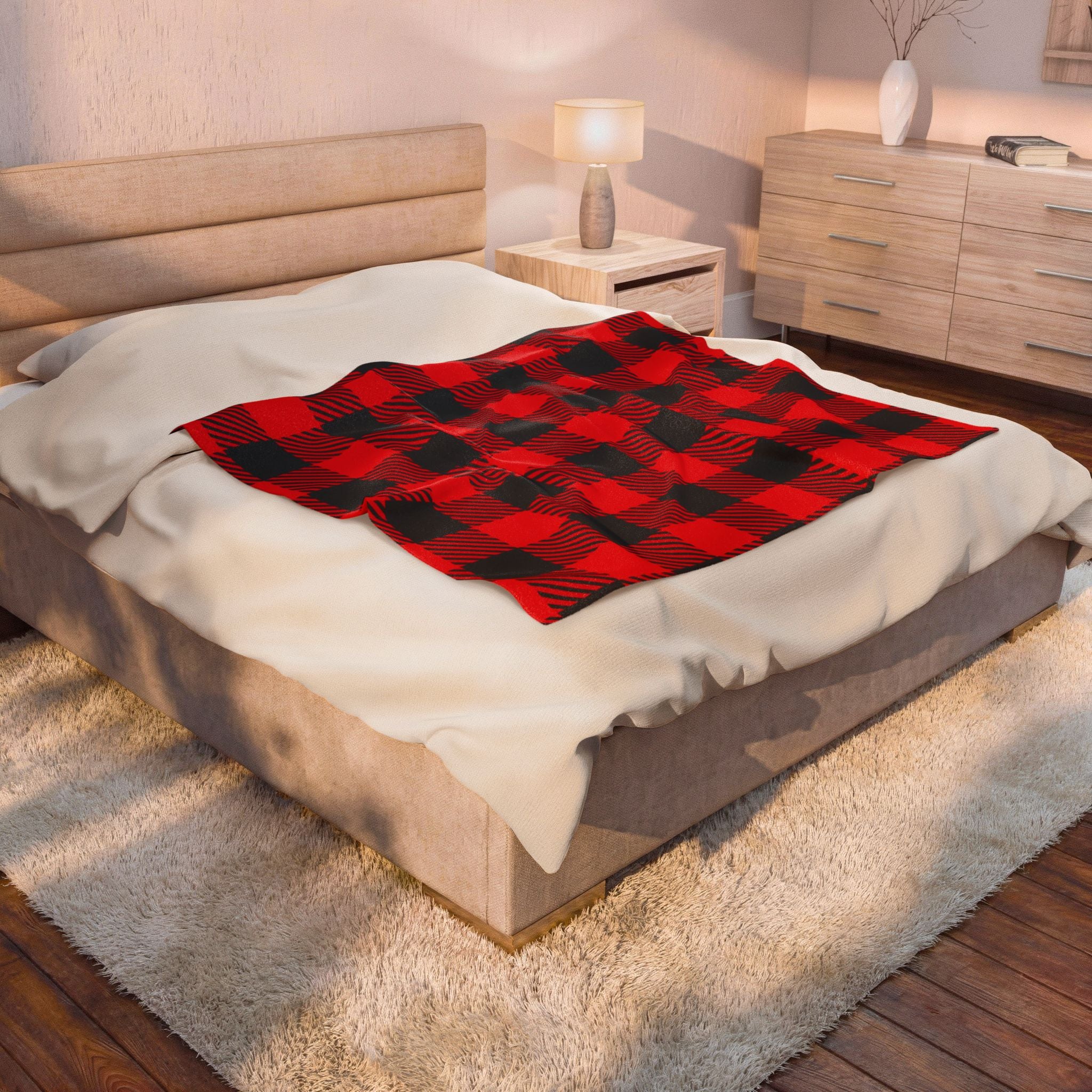 Buffalo Plaid Velveteen Plush Blanket – Red & Black Cozy Throw for Living Room, Cabin, Holiday Gift