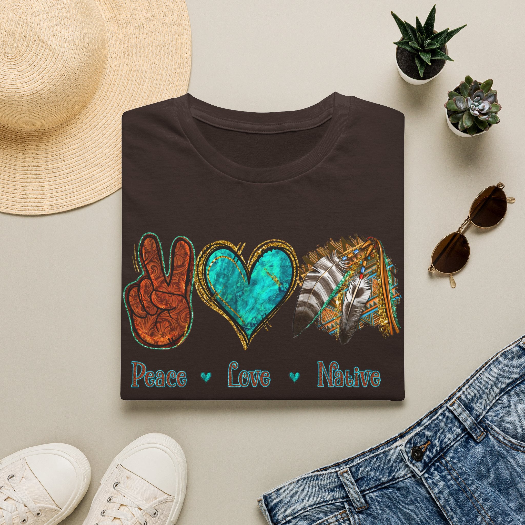 Peace Love Native T-Shirt — Boho Tribal Teal Heart Graphic Tee