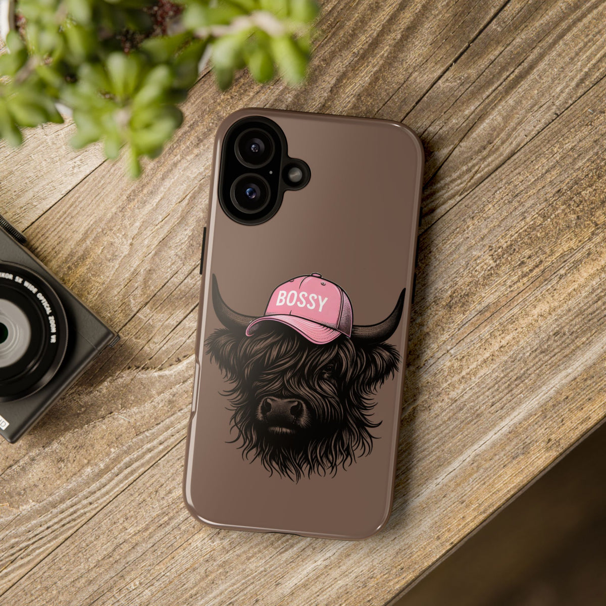 Phone Case — Highland Cow Wearing 'BOSSY' Pink Hat, Cute Farm Animal Protective Cover