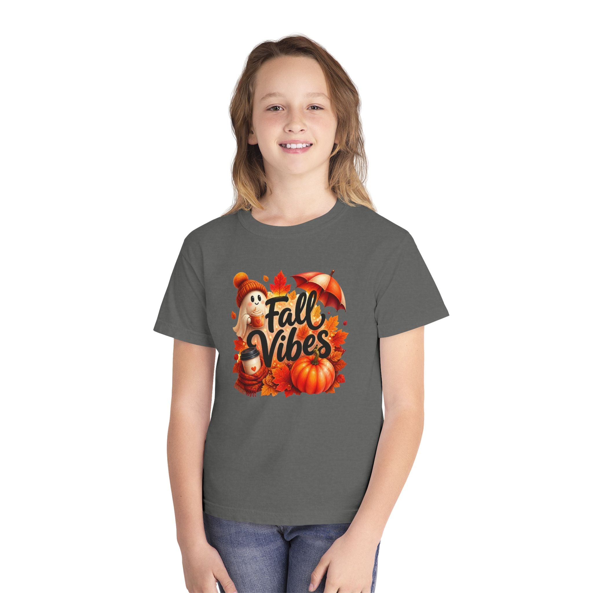 Fall Vibes Youth Tee — Cute Pumpkin, Leaves & Scarecrow Autumn Shirt