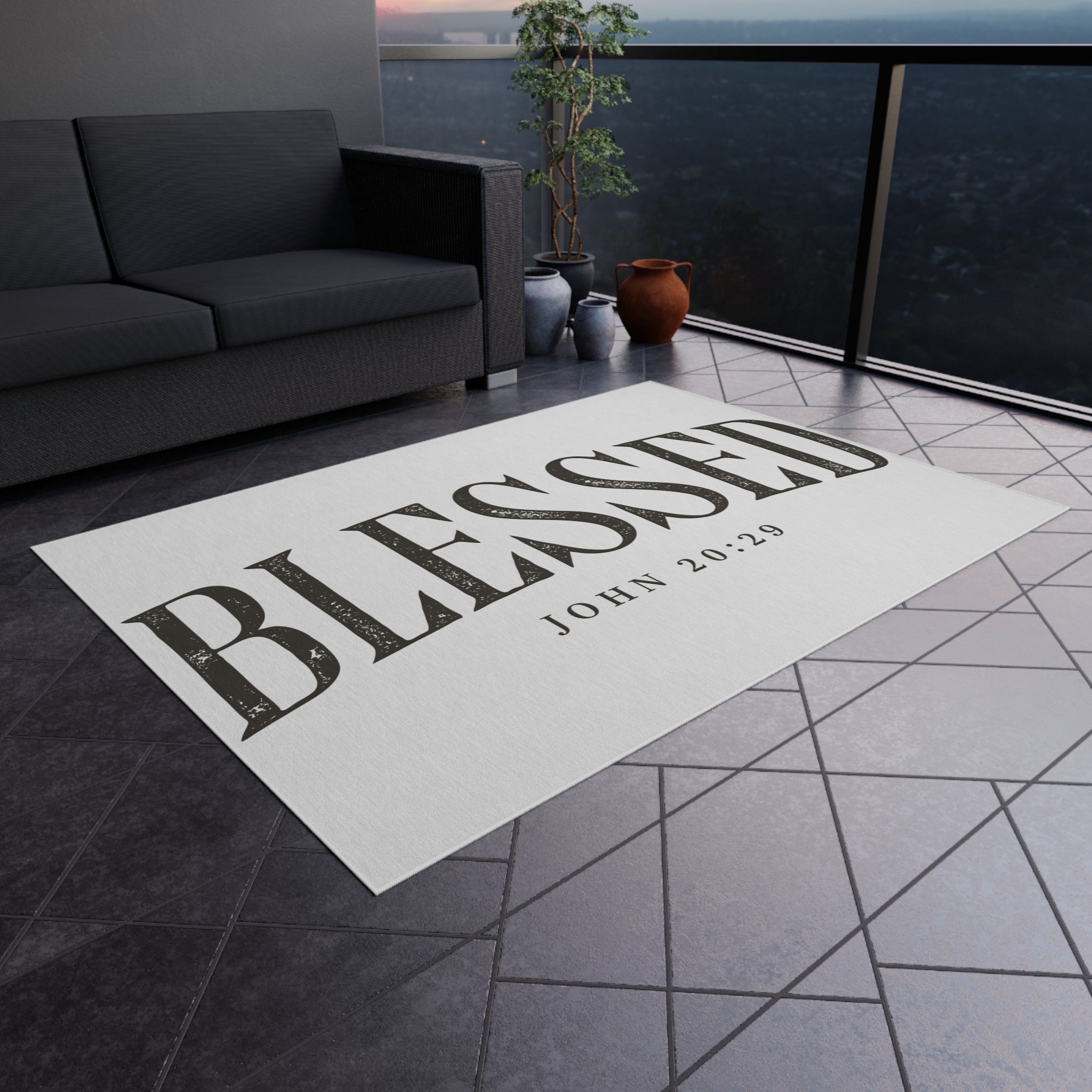 Blessed Outdoor Rug — "BLESSED" with John 20:29 Doormat
