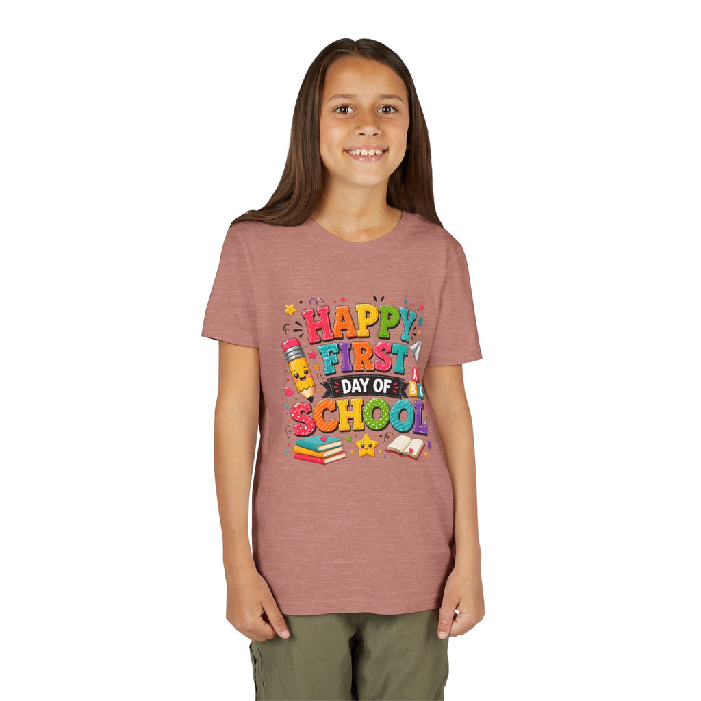 Youth Tee — "Happy First Day of School" Back-to-School Graphic Shirt