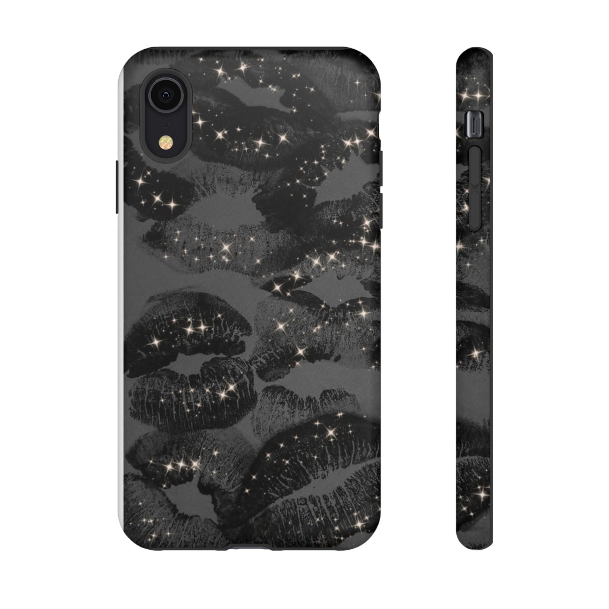 Black Glitter Kiss Phone Case — Sparkling Lip Print Protective Cover