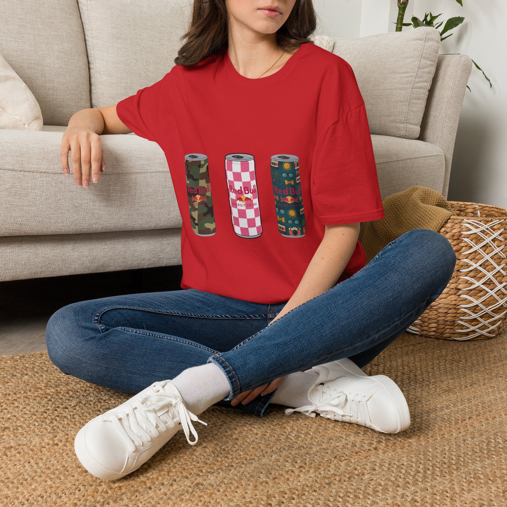 Energy Drink Can Trio T-Shirt — Camouflage, Checker & Floral Cans