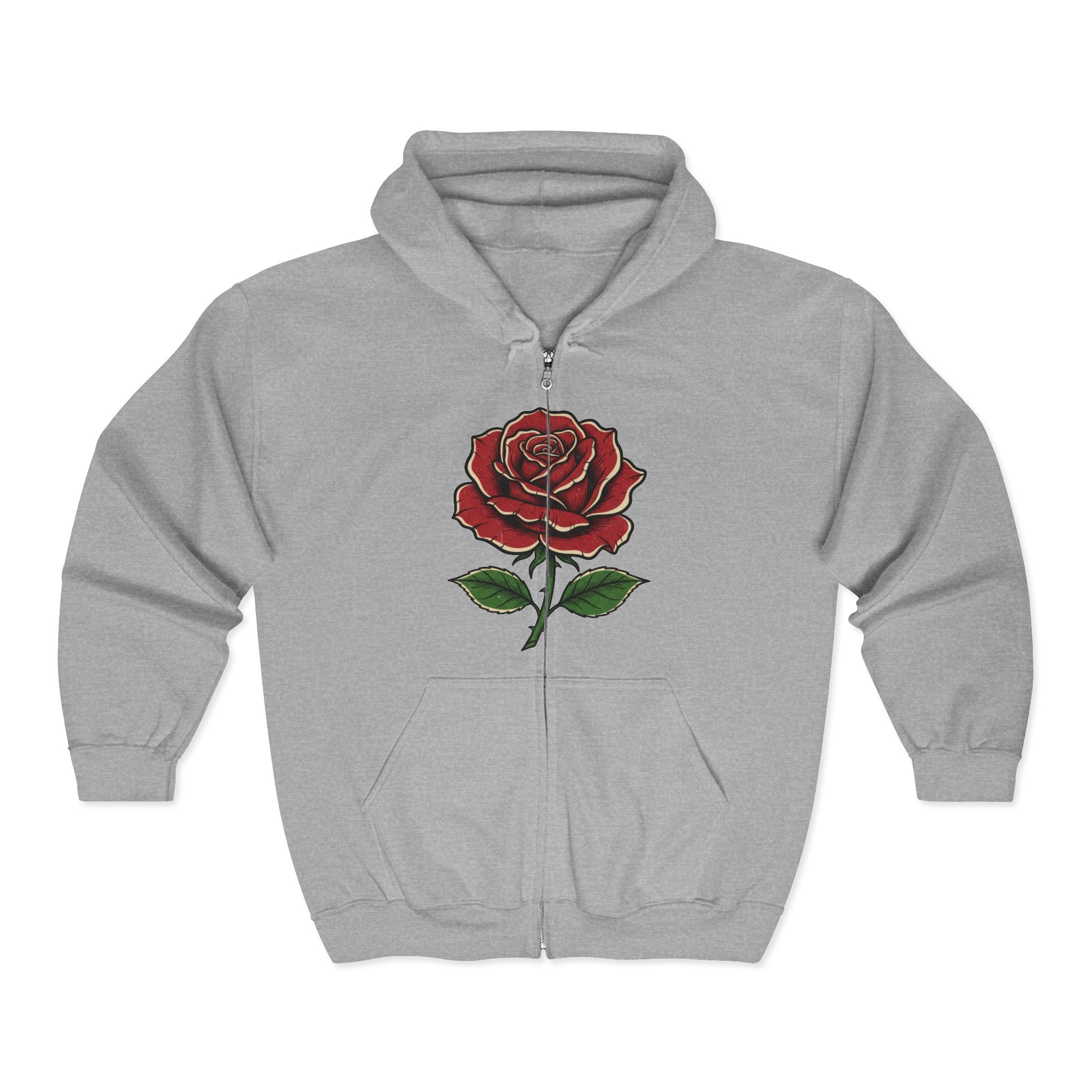 Red Rose Zip Hoodie — Vintage Floral Full-Zip Sweatshirt