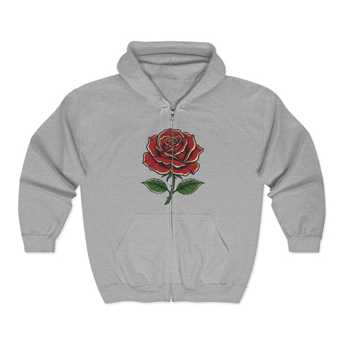 Red Rose Zip Hoodie — Vintage Floral Full-Zip Sweatshirt