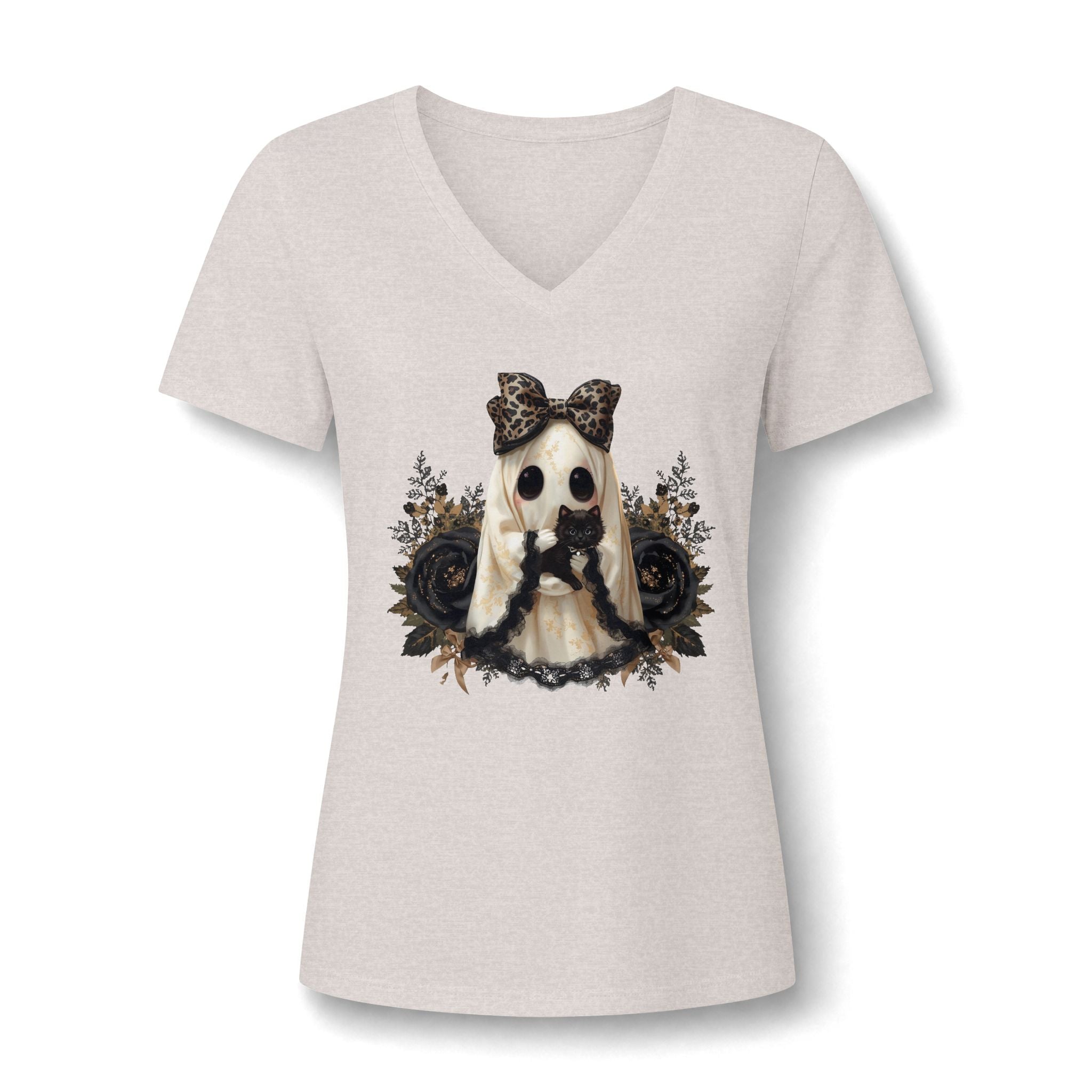 Women's V-Neck Tee — Gothic Doll with Leopard Bow Graphic