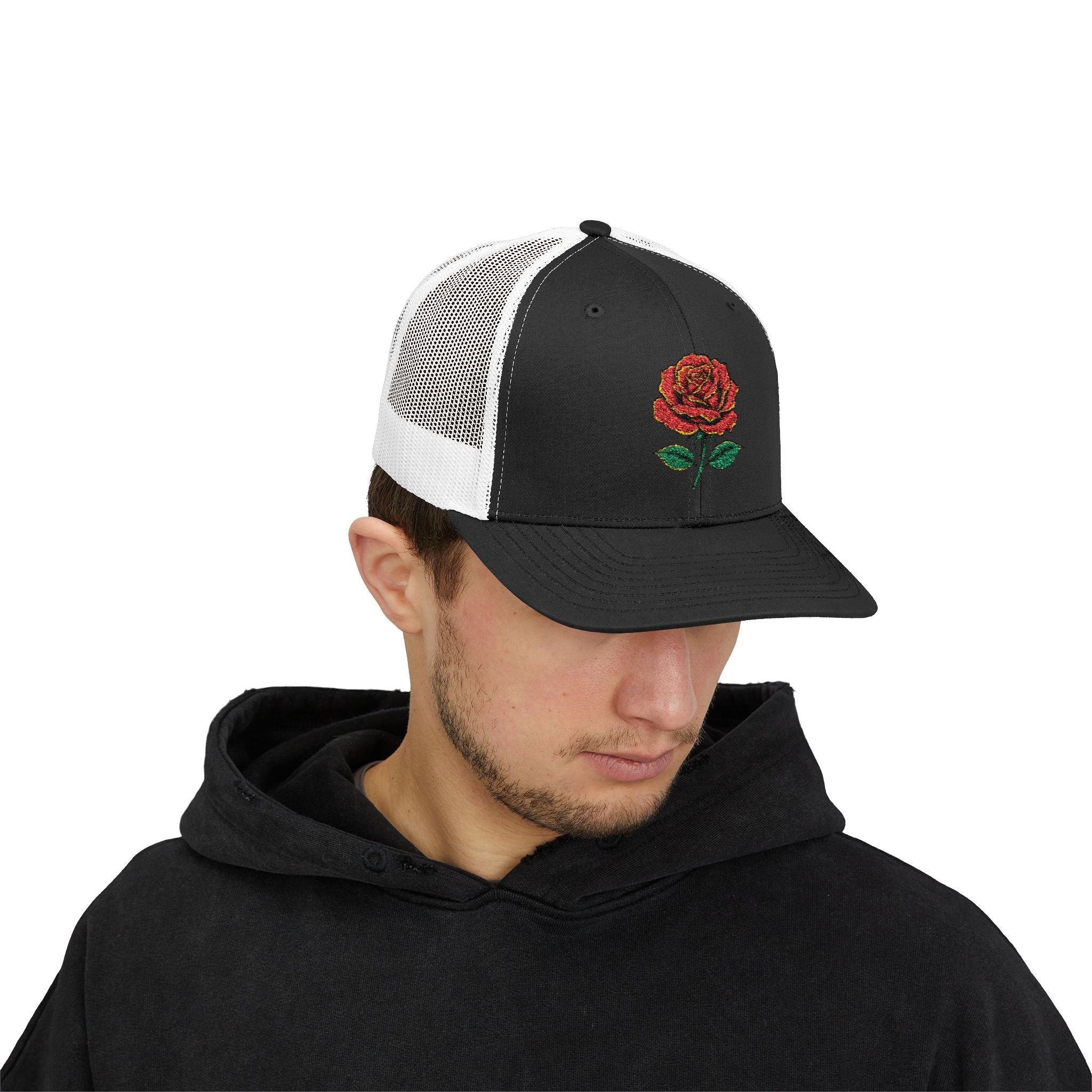 Embroidered Red Rose Trucker Cap
