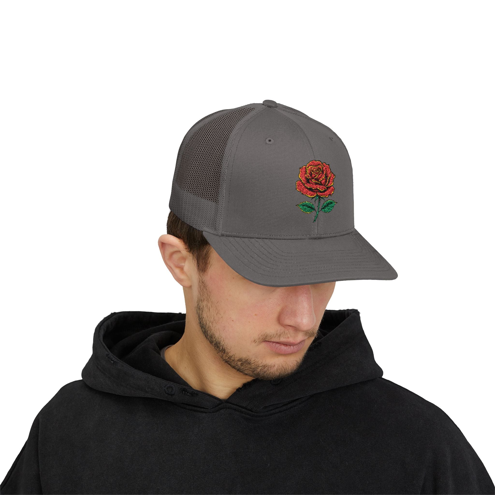 Embroidered Red Rose Trucker Cap