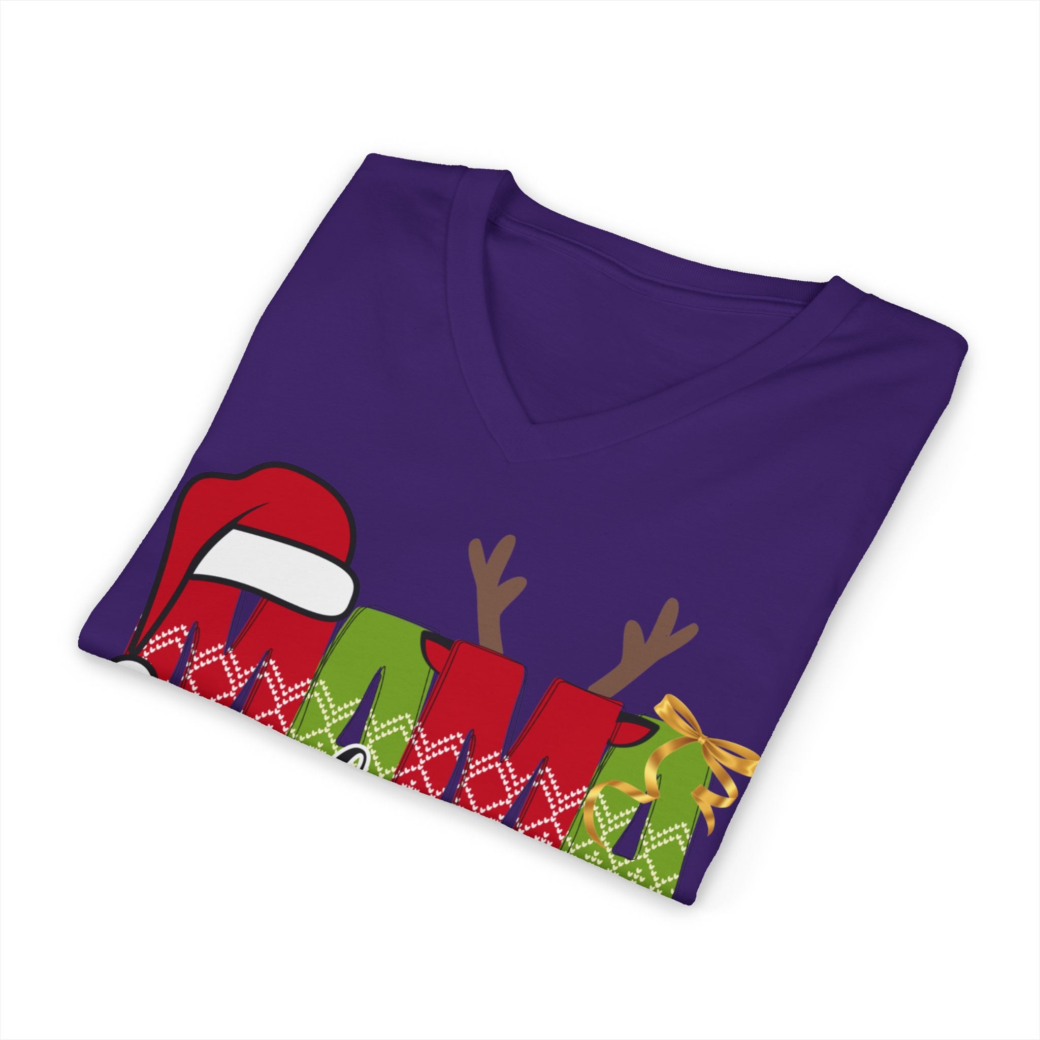 Mom Claus V-Neck Tee — Christmas Holiday Family Graphic Shirt