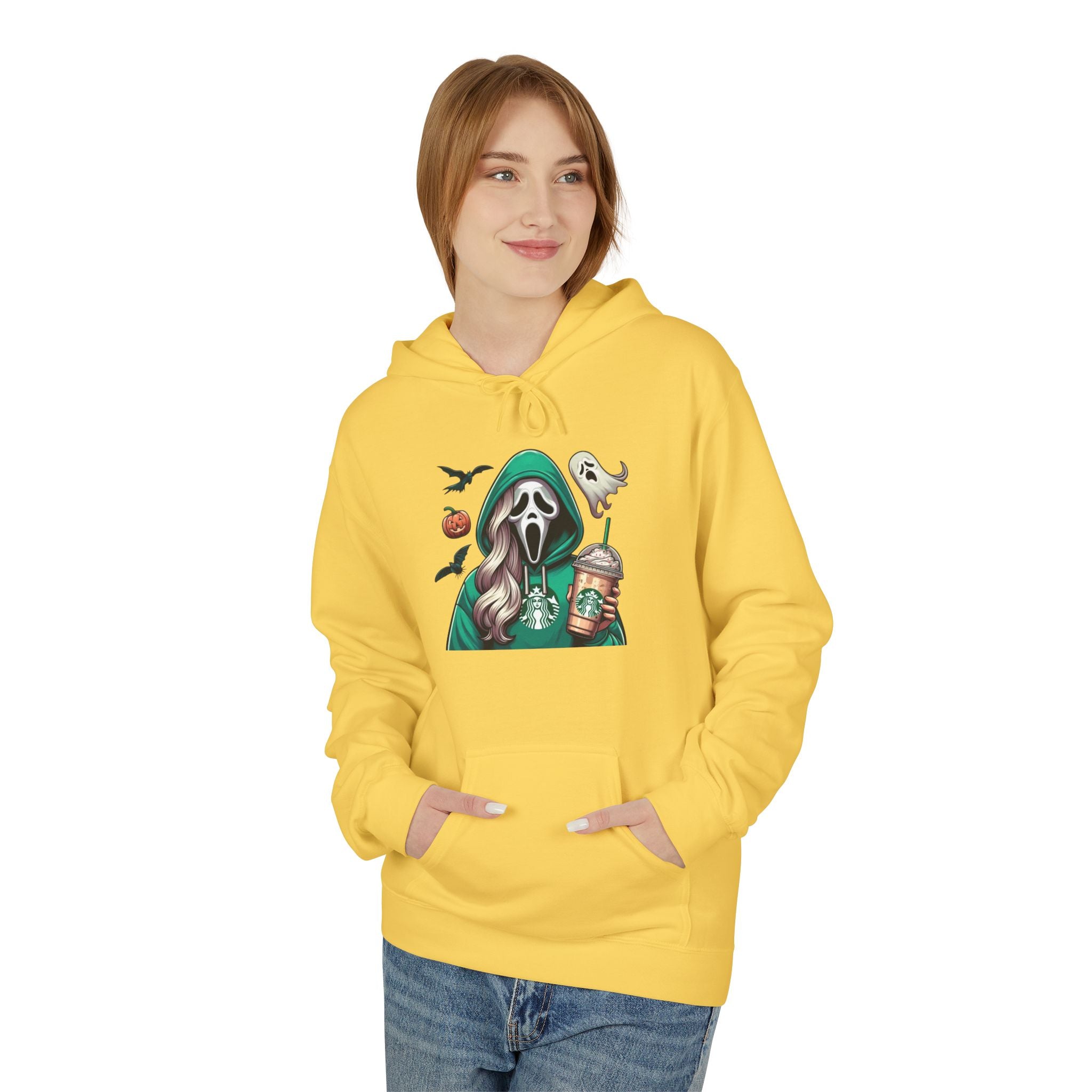 Halloween Ghost Rider Hoodie — Cute Grim Reaper with Pumpkin & Coffee Graphic