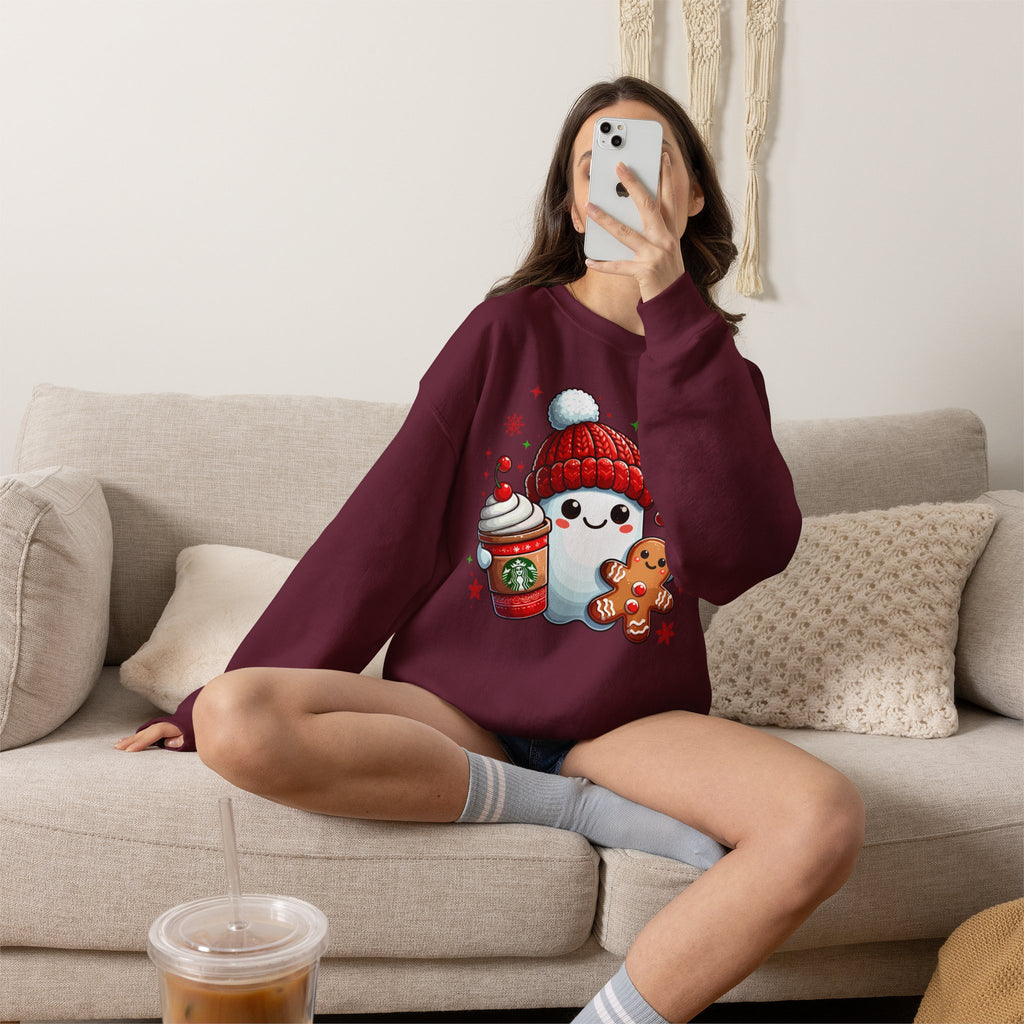 Holiday Marshmallow Character Sweatshirt — Cute Snowman with Gingerbread & Hot Cocoa