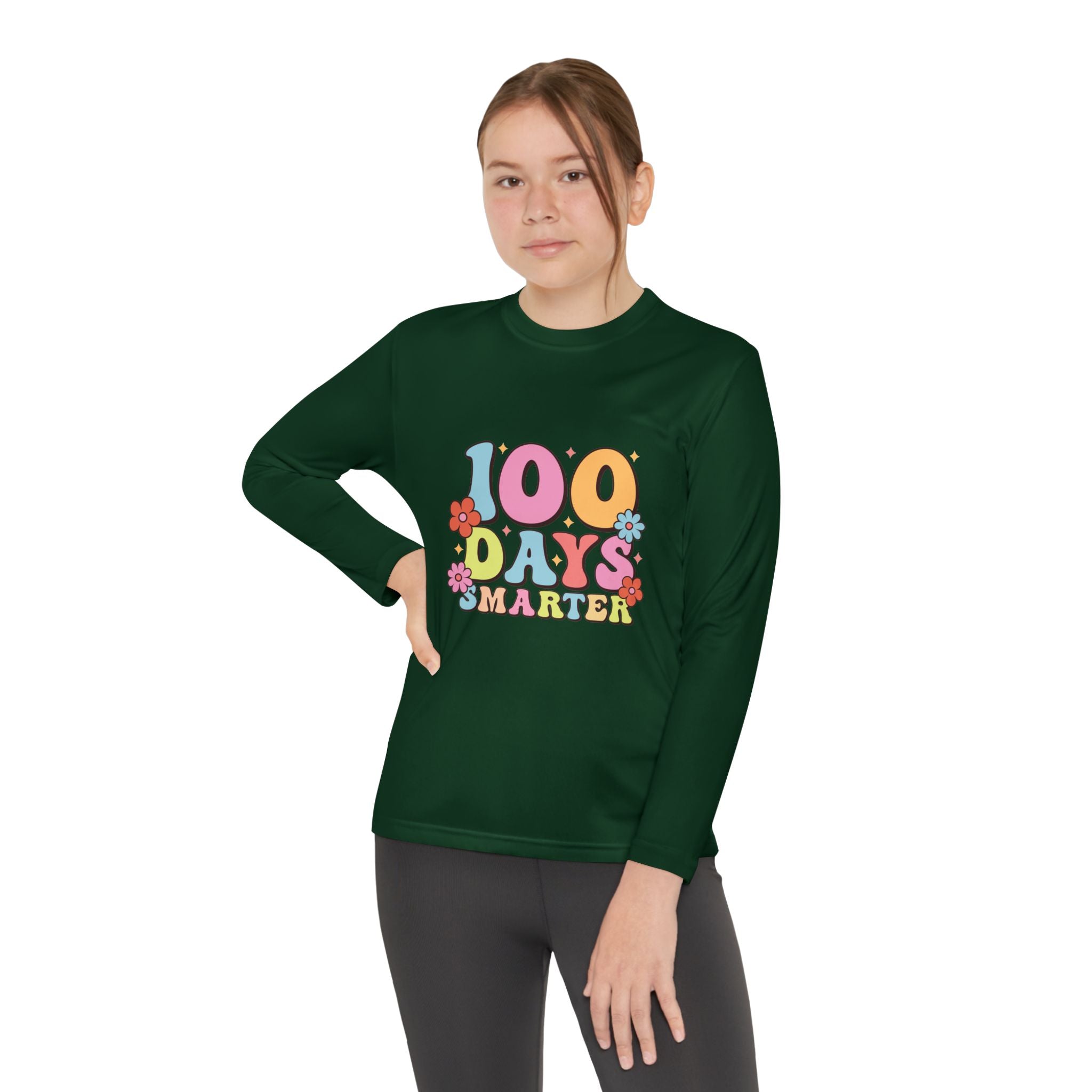 100 Days Smarter Youth Long Sleeve Tee — Retro Floral School Celebration Shirt