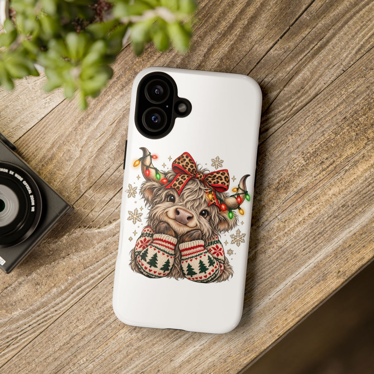 Holiday Highland Cow Phone Case – Festive Lights & Cozy Sweater Design