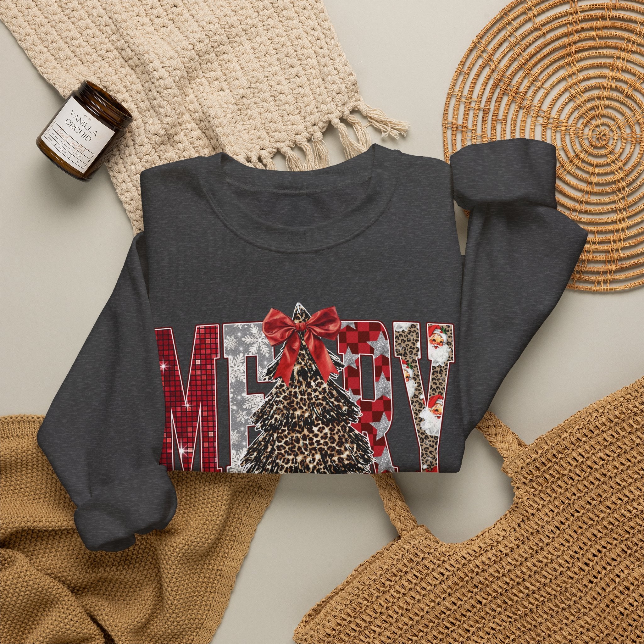 Merry Christmas Crewneck Sweatshirt — Festive Tree & Bow Holiday Sweatshirt