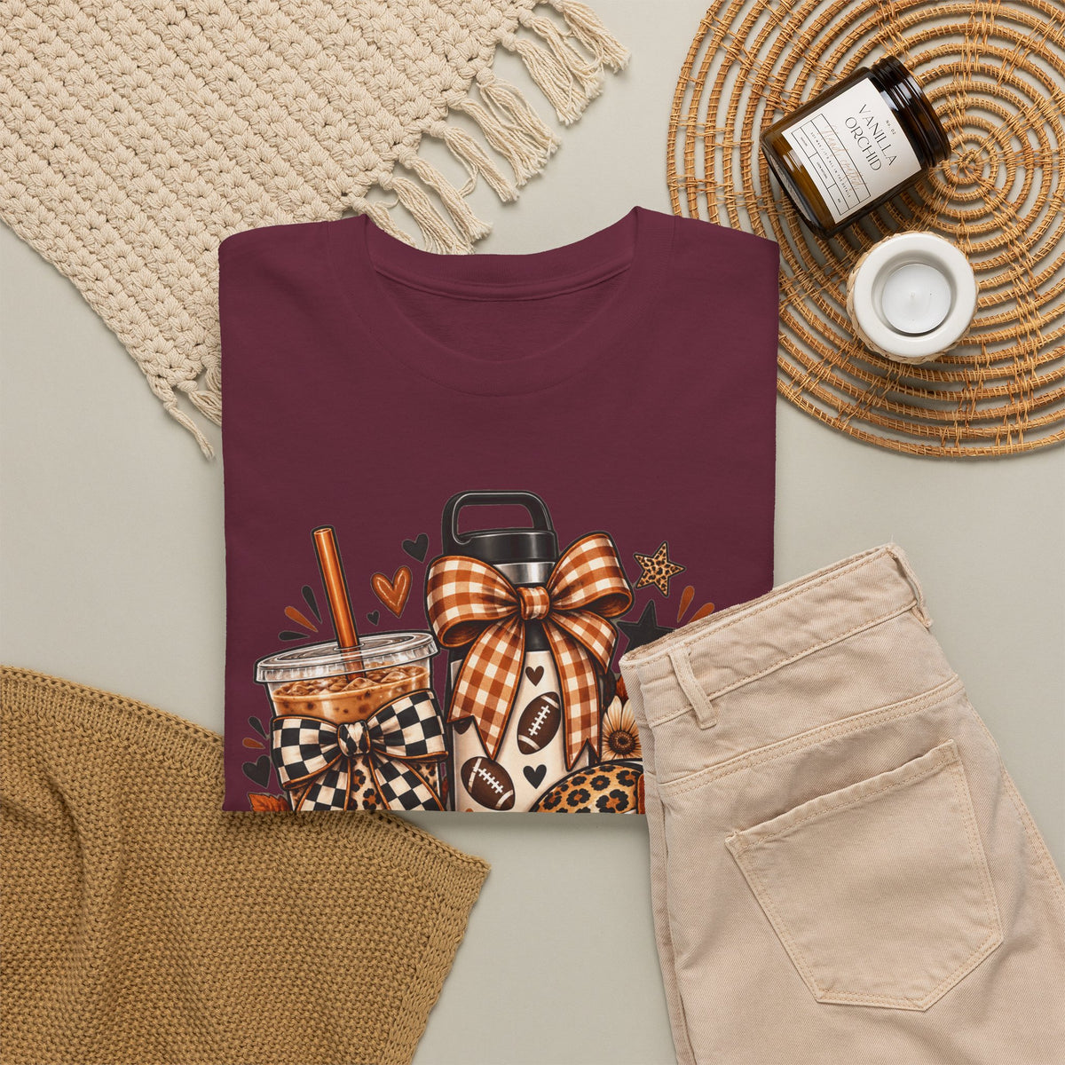 Fall Cozy Coffee T-Shirt — Pumpkin Spice, Plaid Bows & Floral Autumn Graphic Tee