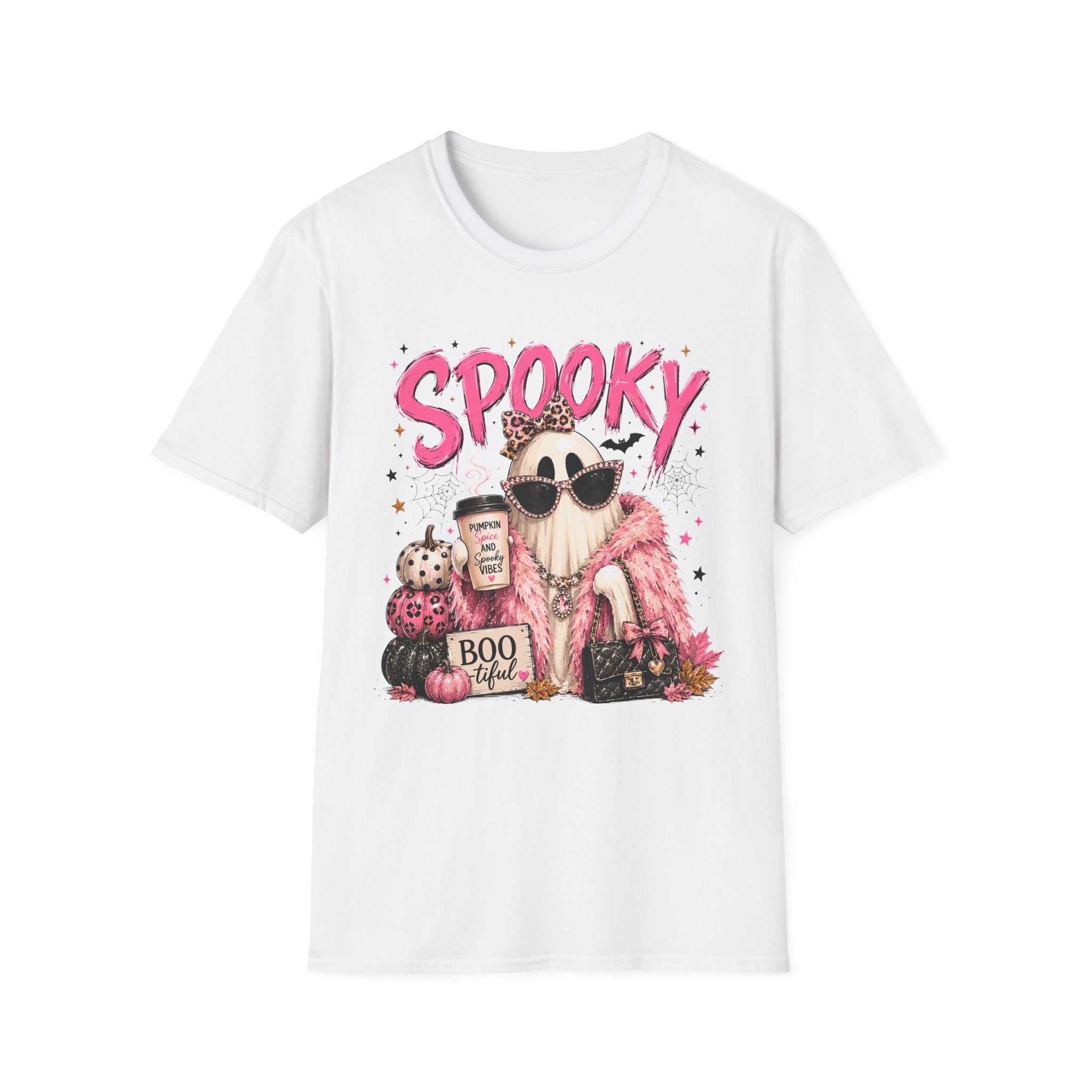 Spooky Glam T-Shirt — Cute Pink Ghost with Sunglasses & Pumpkin Latte