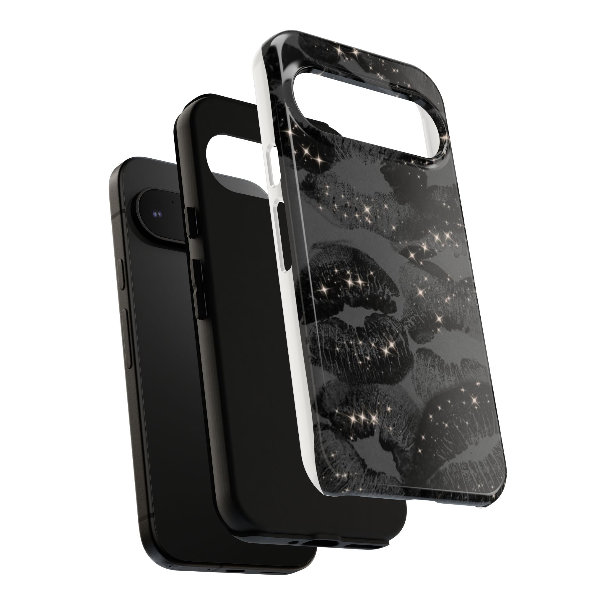 Black Glitter Kiss Phone Case — Sparkling Lip Print Protective Cover