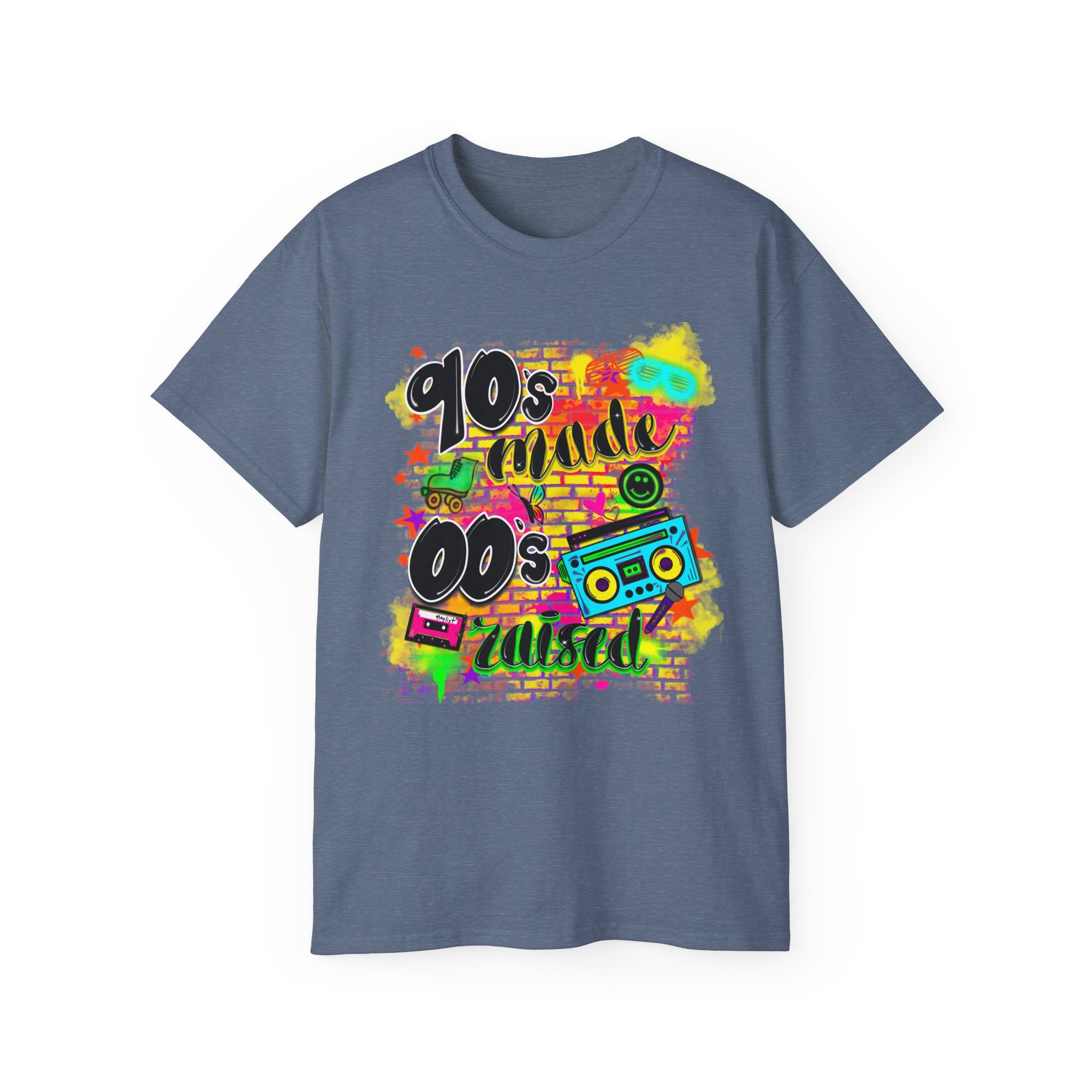 90s Made 00s Raised T-Shirt — Neon Retro Boombox Graphic Tee